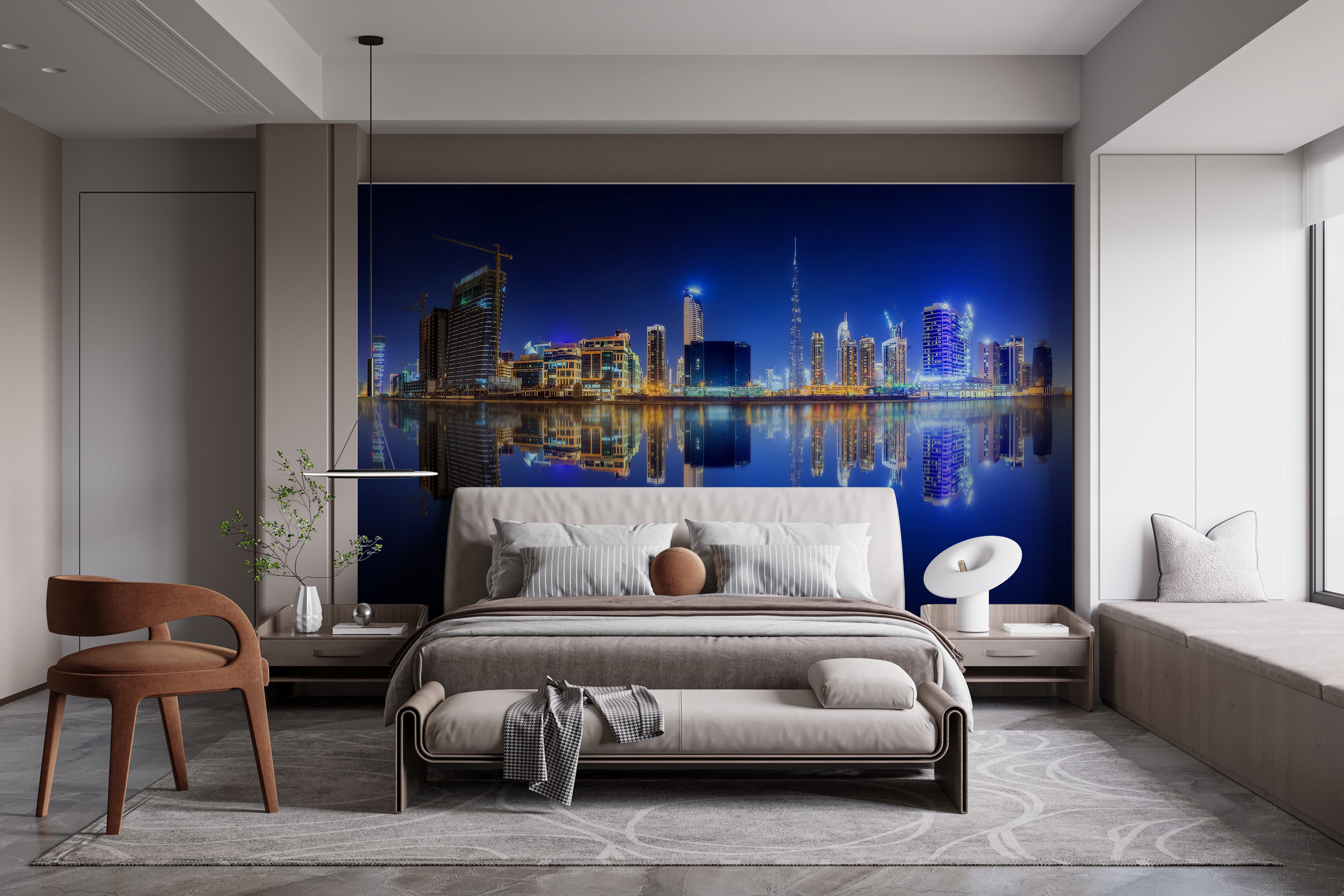 Gorgeous mural of Dubai's iconic city skyline at sunset.
