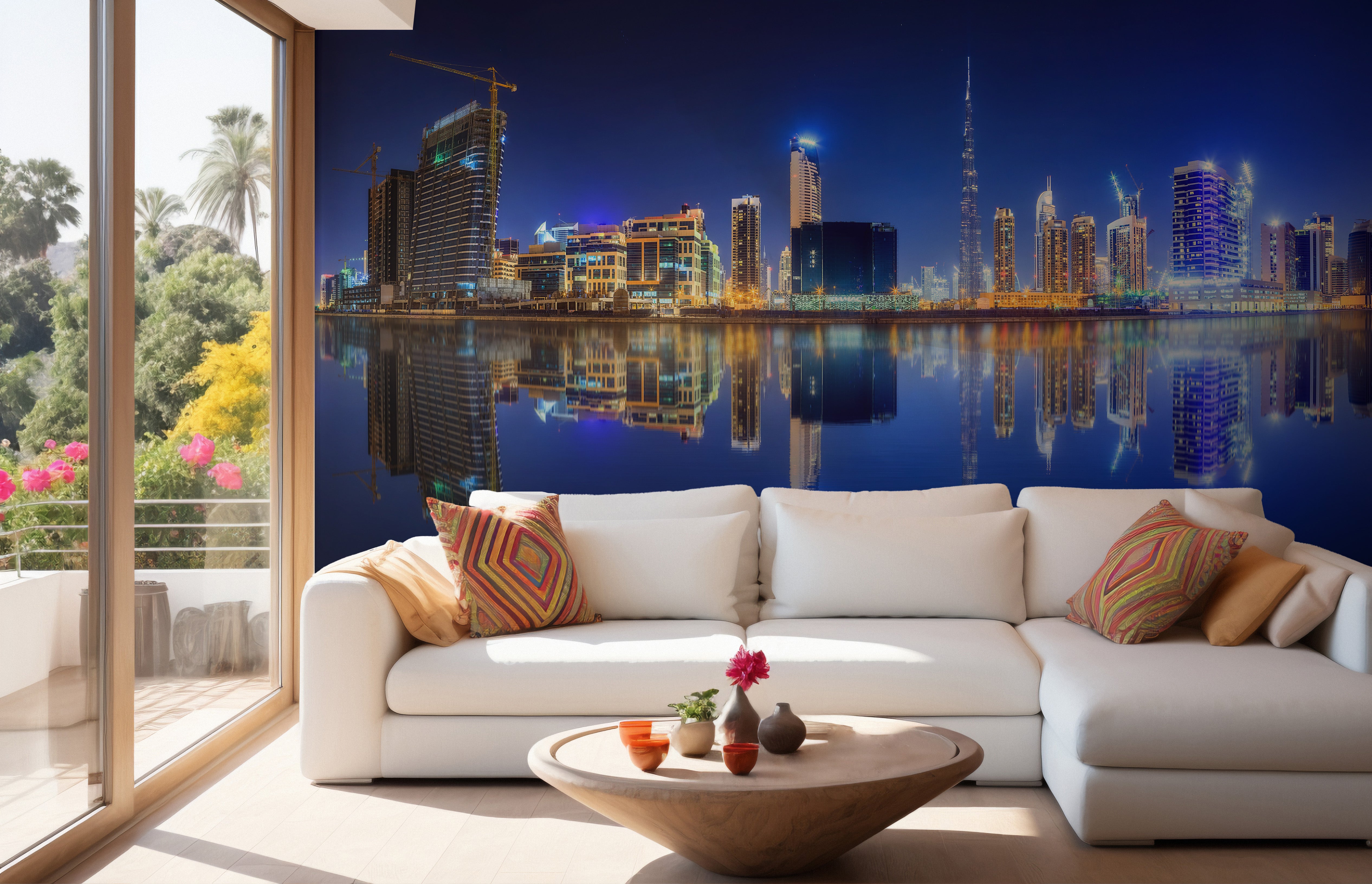 Gorgeous Dubai skyline mural featuring iconic landmarks.
