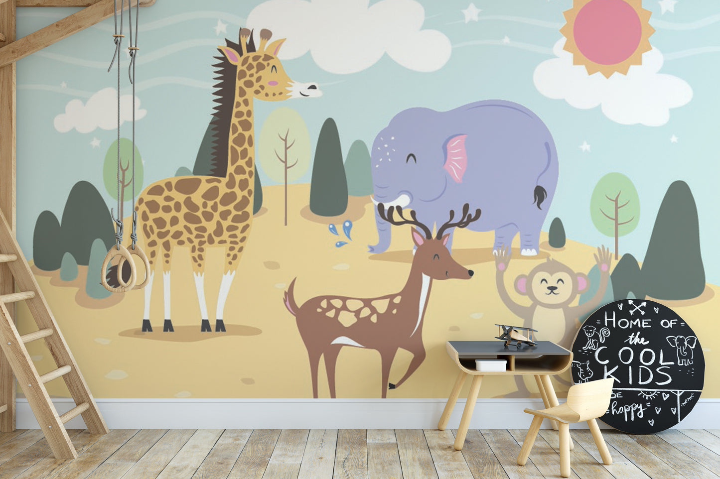 Jolly jungle kids' mural with colorful animal illustrations.