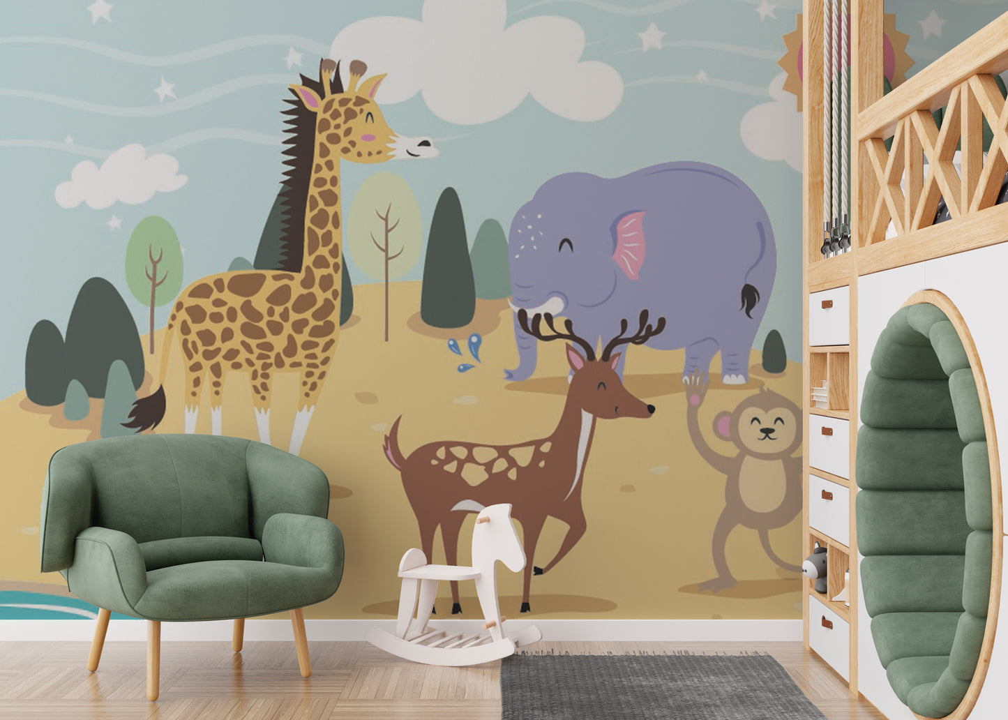 Vibrant jungle mural with animals for cheerful kids' rooms.
