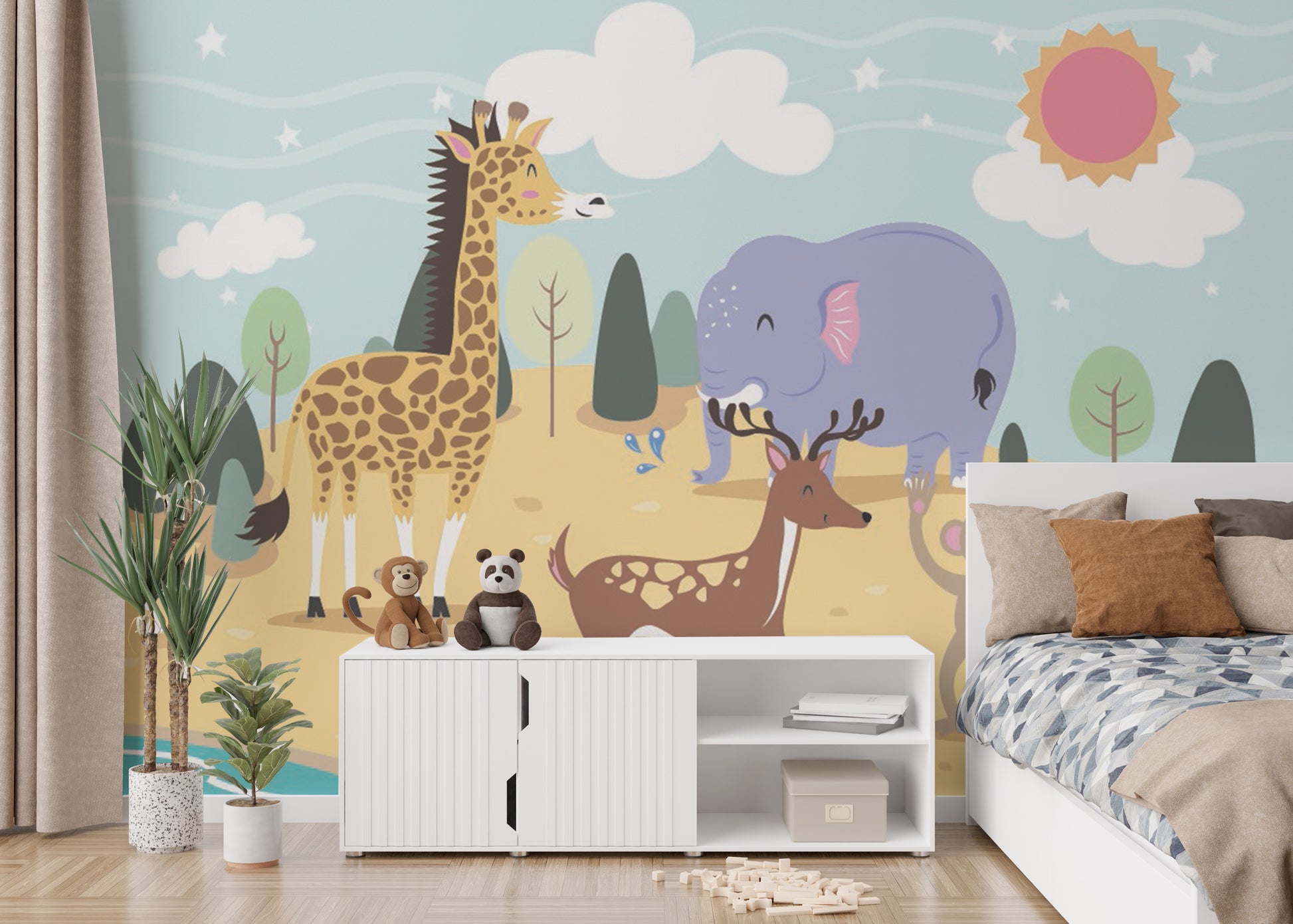 Jolly jungle mural bringing adventure to kids' wall decor.
