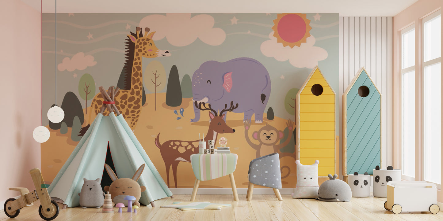 Colorful jungle wallpaper mural for lively kids' spaces.
