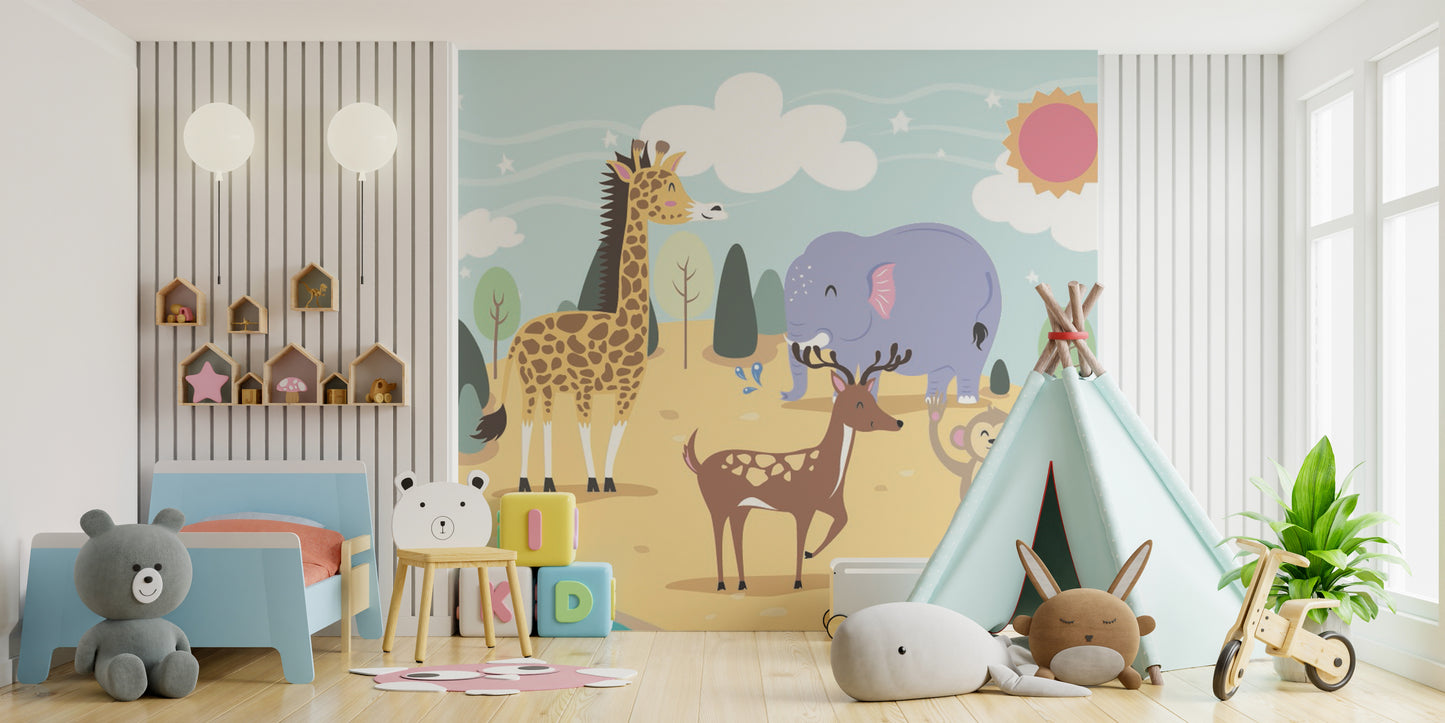 Jolly jungle mural featuring playful animals for kids' decor.
