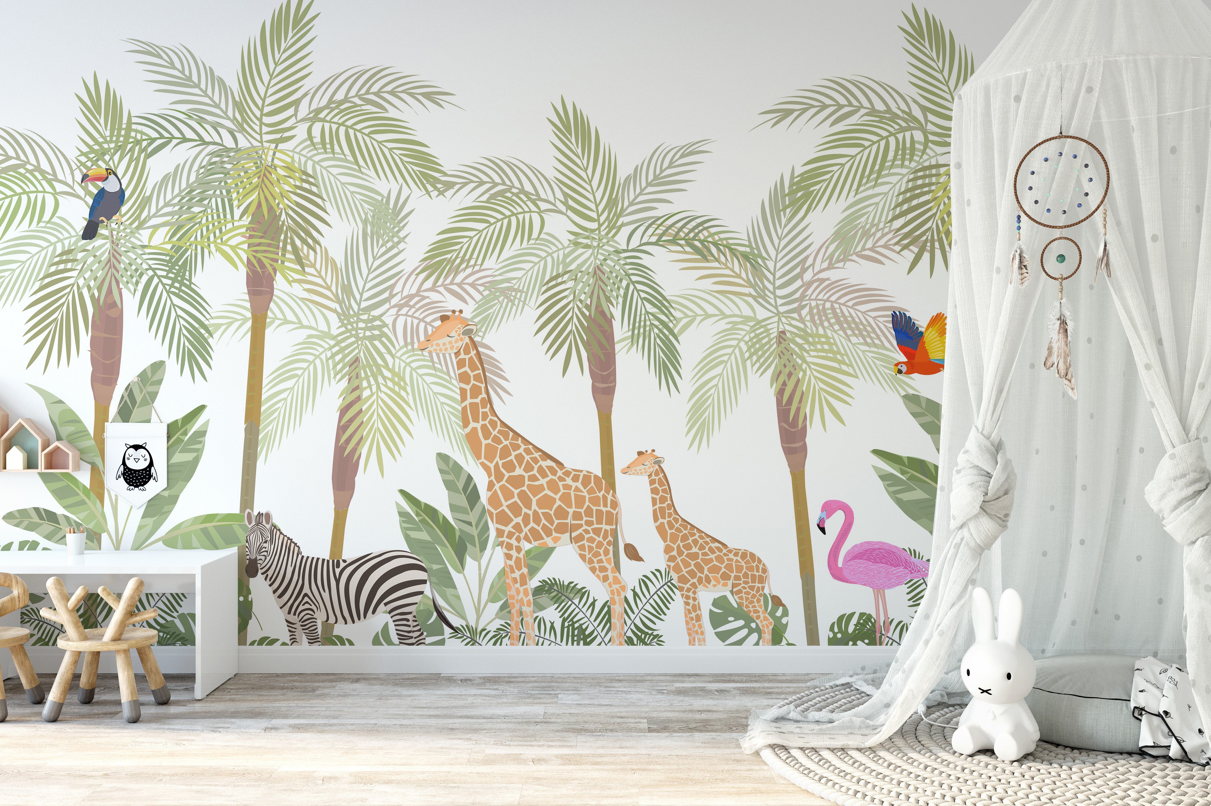 Kids' room mural featuring a wildlife adventure scene.
