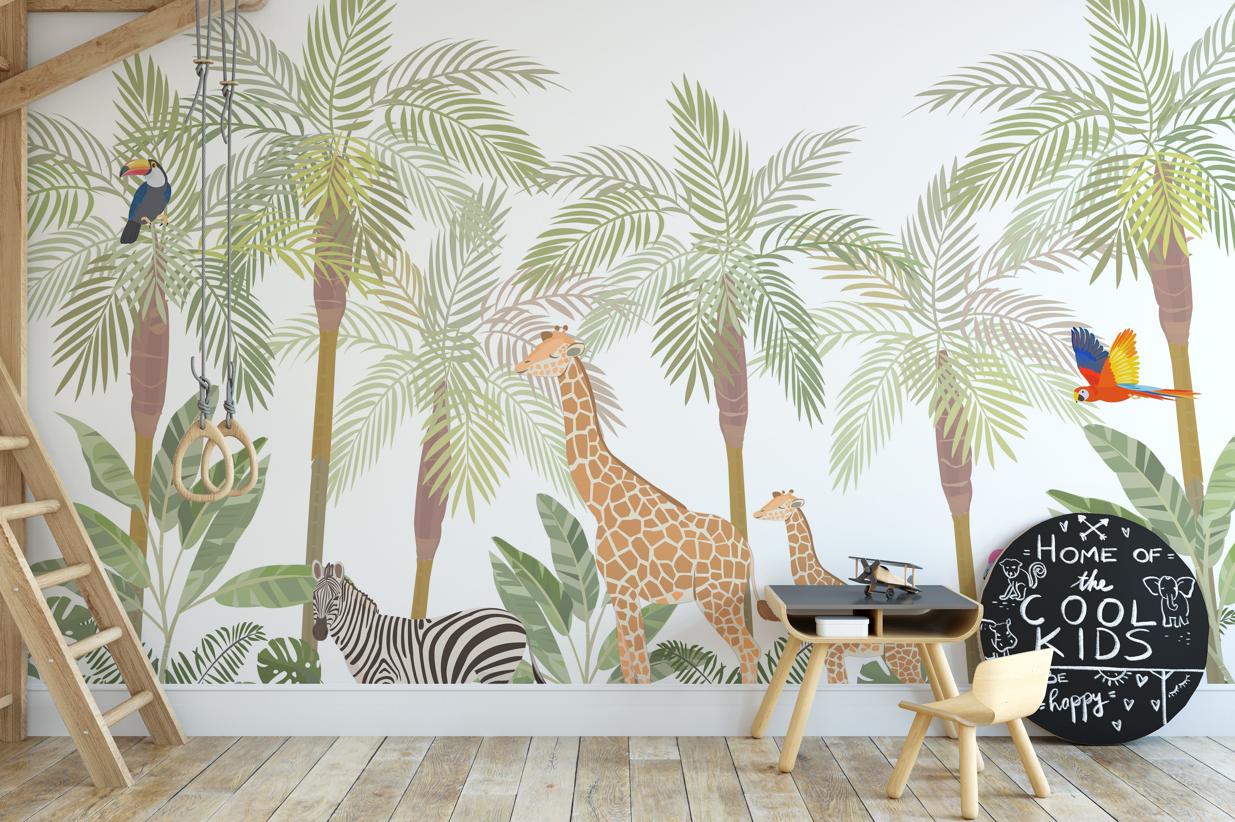 Adventure-themed wildlife mural for kids' rooms and play areas.
