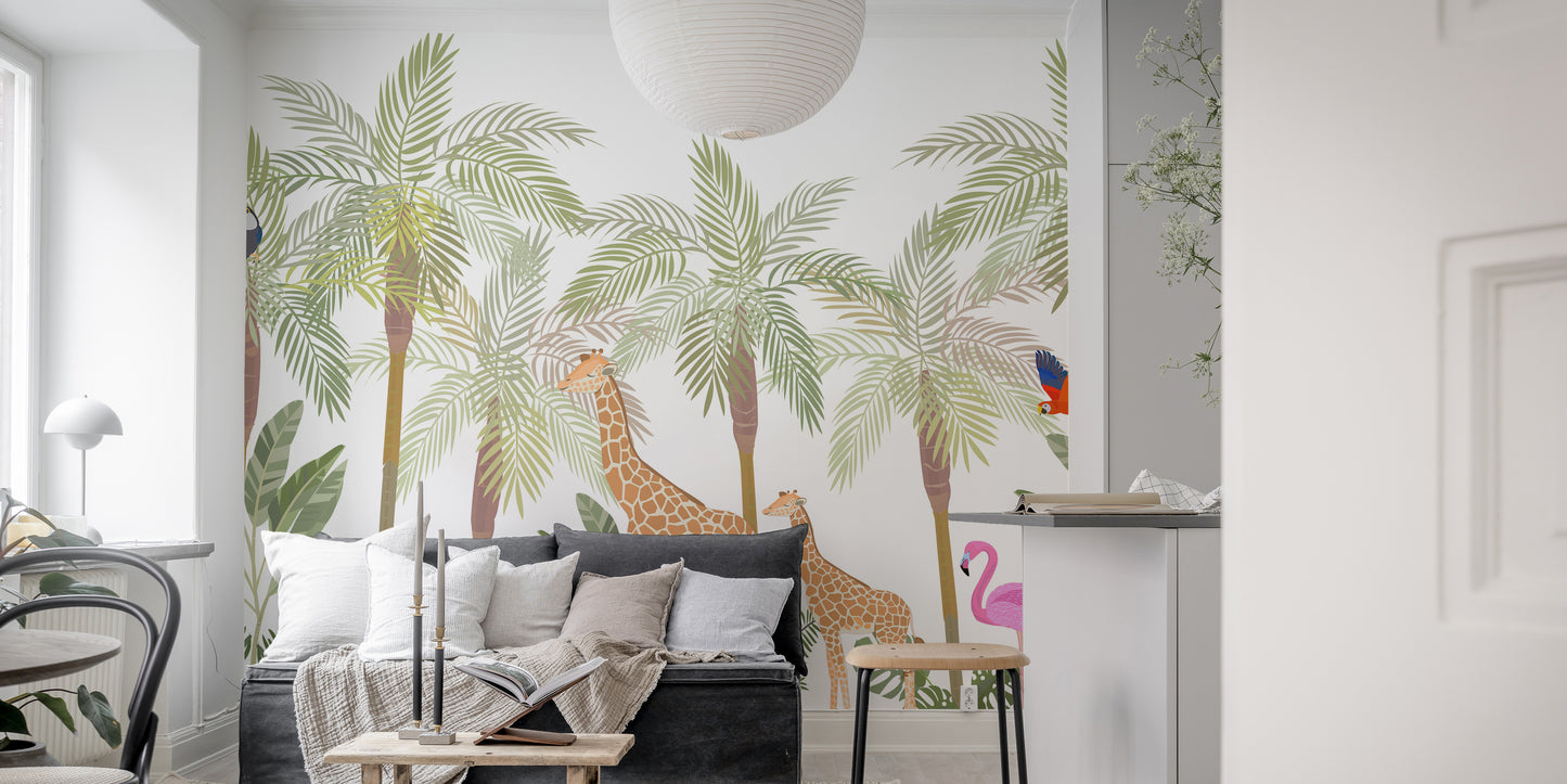 Cheerful wildlife adventure mural for lively kids' decor.
