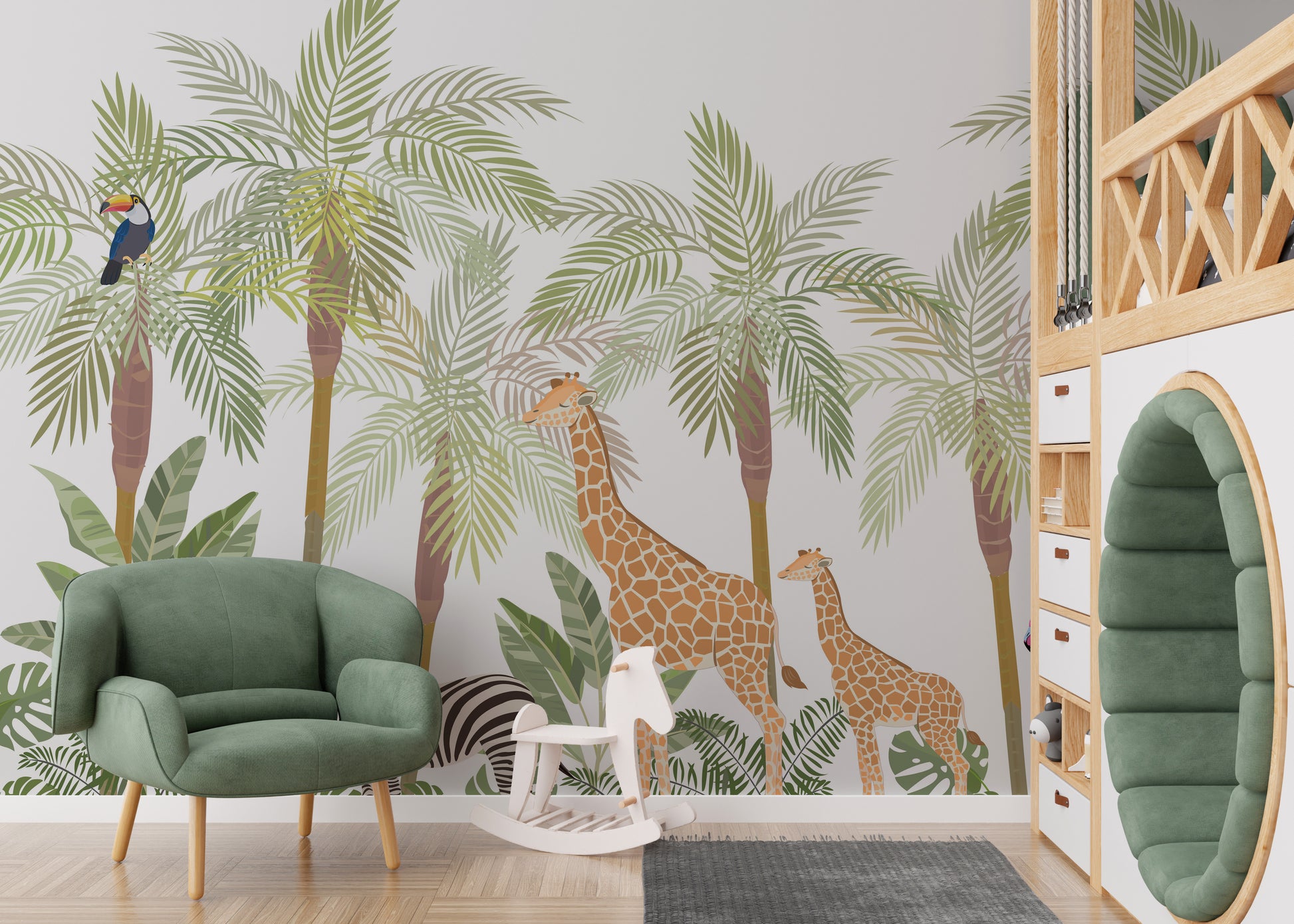 Kids' room mural with a wildlife adventure and animal charm.
