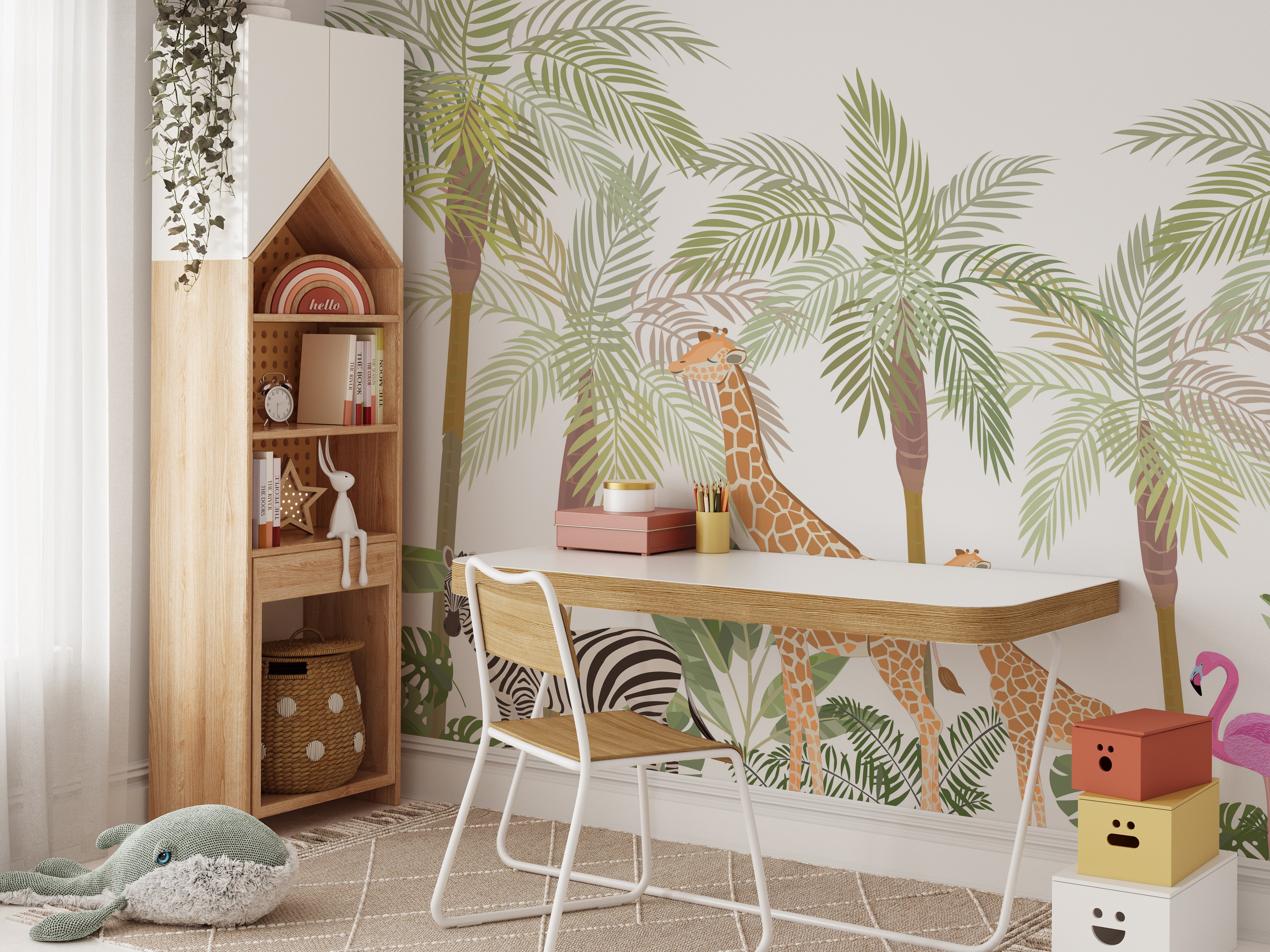 Adventure-filled wildlife mural for vibrant kids' interiors.
