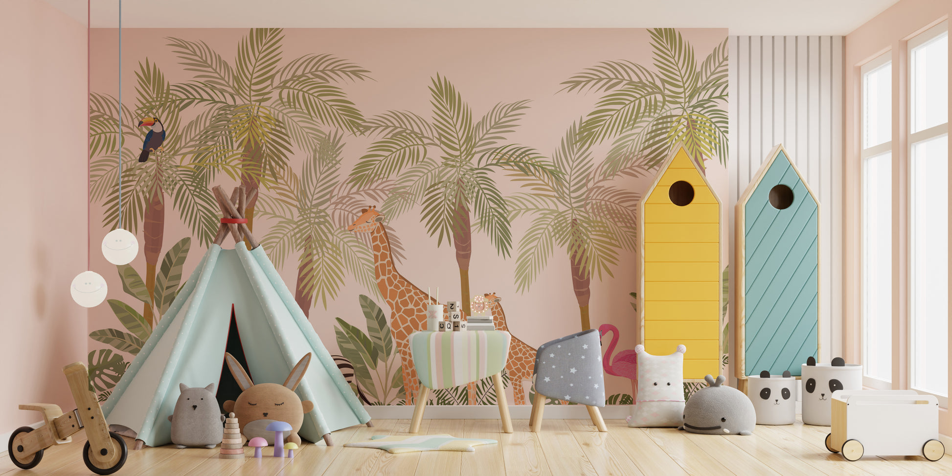 Fun wildlife mural for kids' rooms with adventure vibes.
