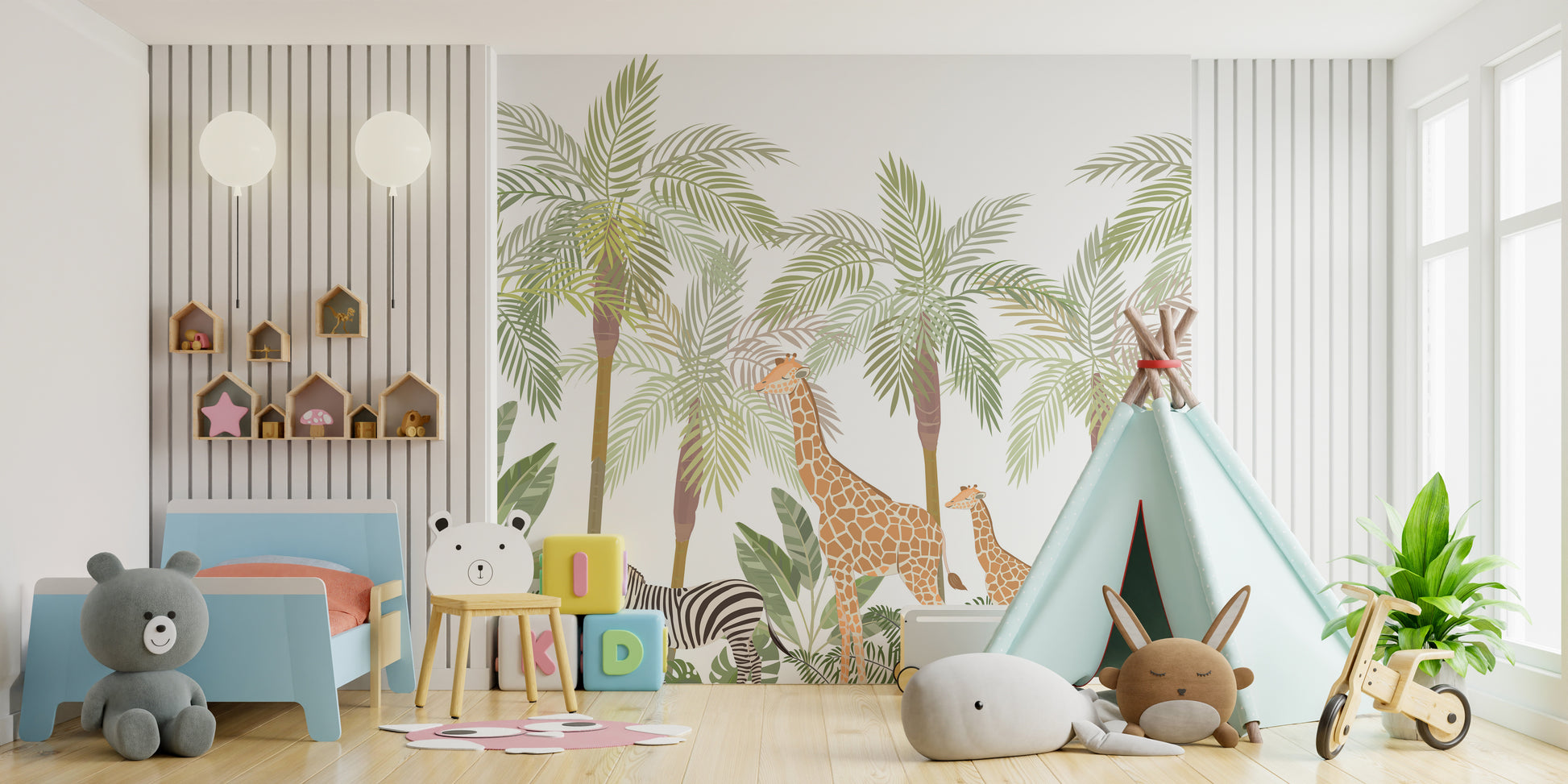 Wildlife adventure mural with animals for kids' wall decor.
