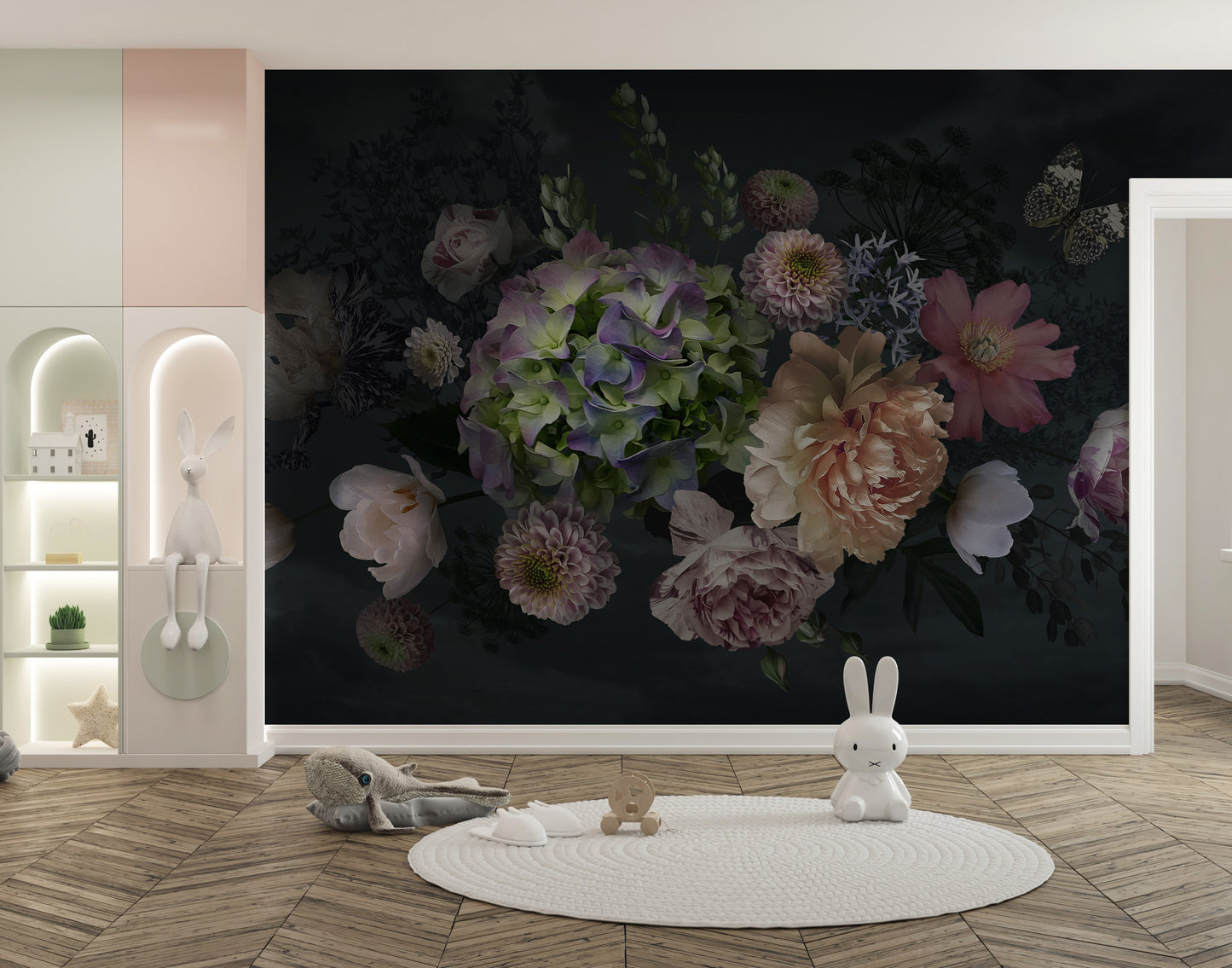 Peony garden mural at dusk for sophisticated home decor.



