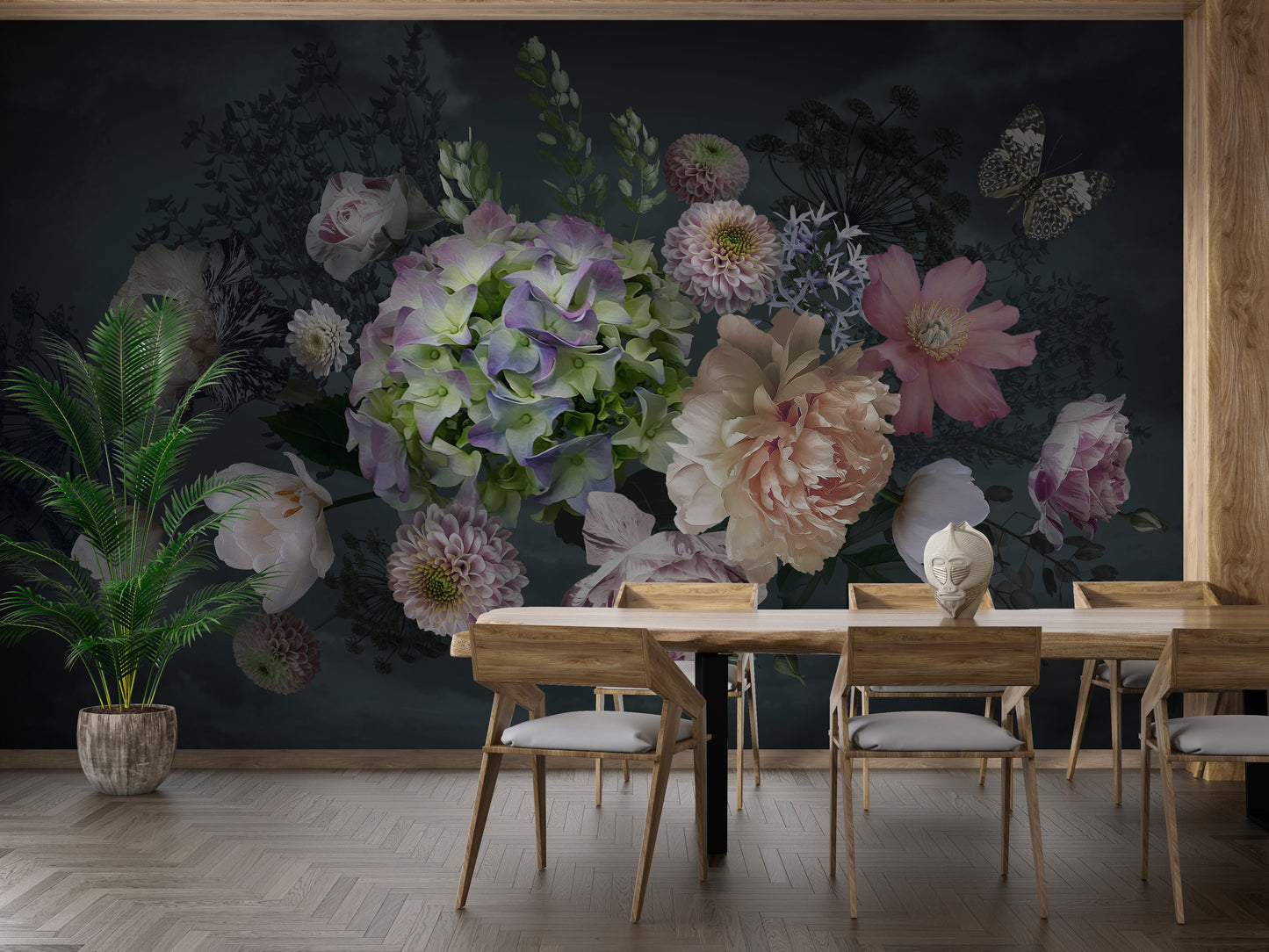 Tranquil peony garden at dusk mural for living room walls.
