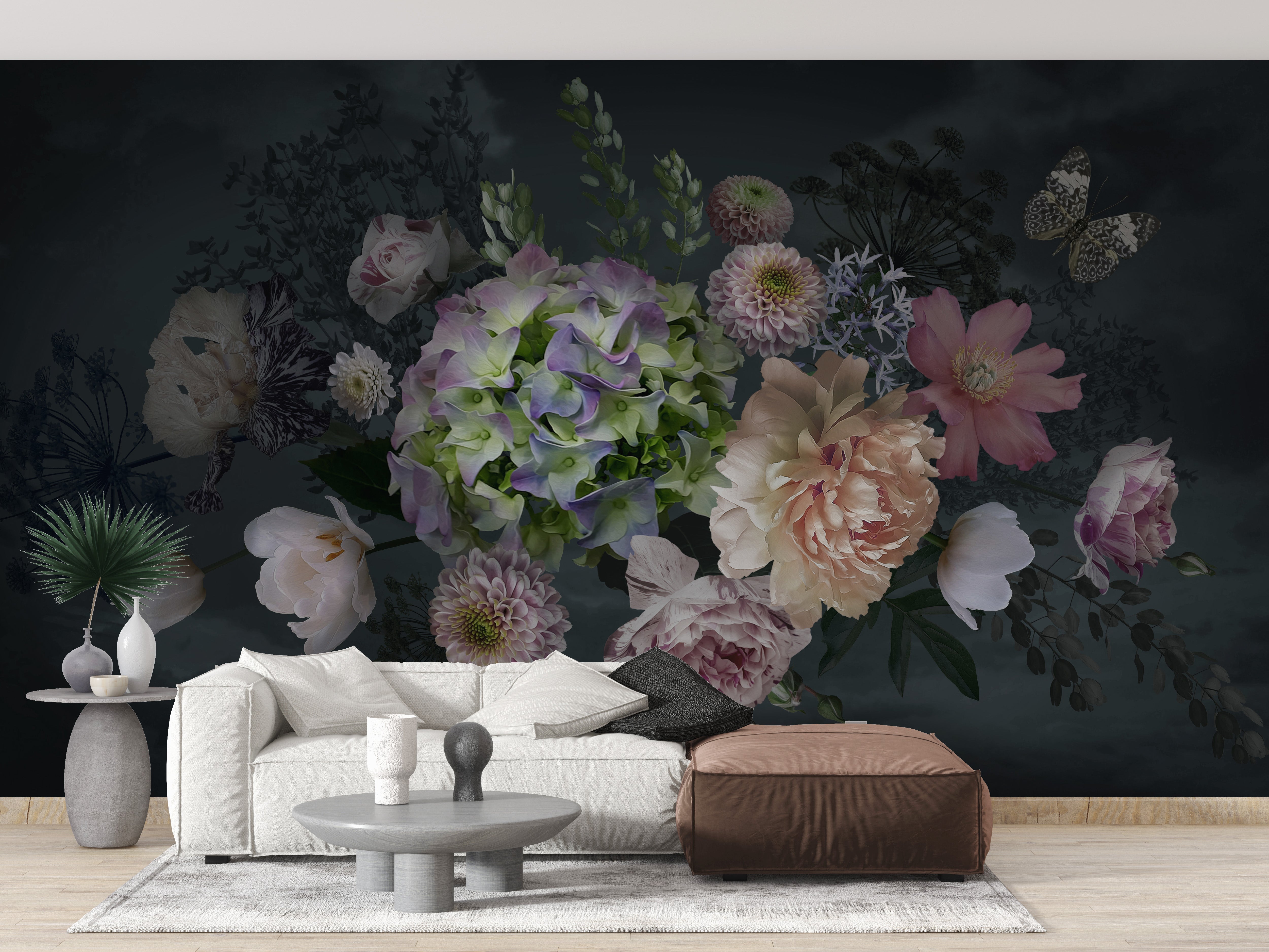 Serene peony garden mural with a dusk-inspired theme.
