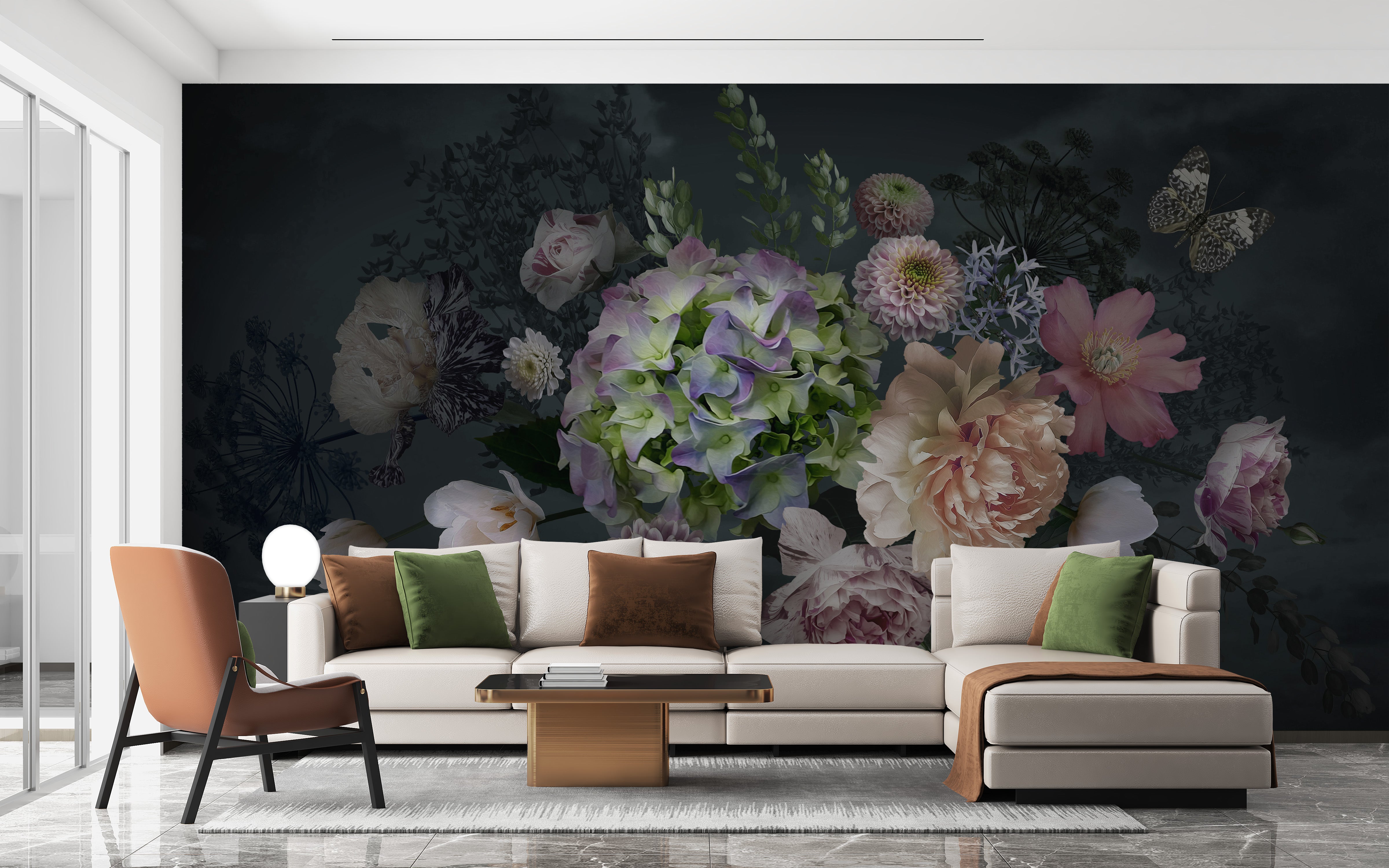 Peony garden dusk mural for elegant living room transformation.
