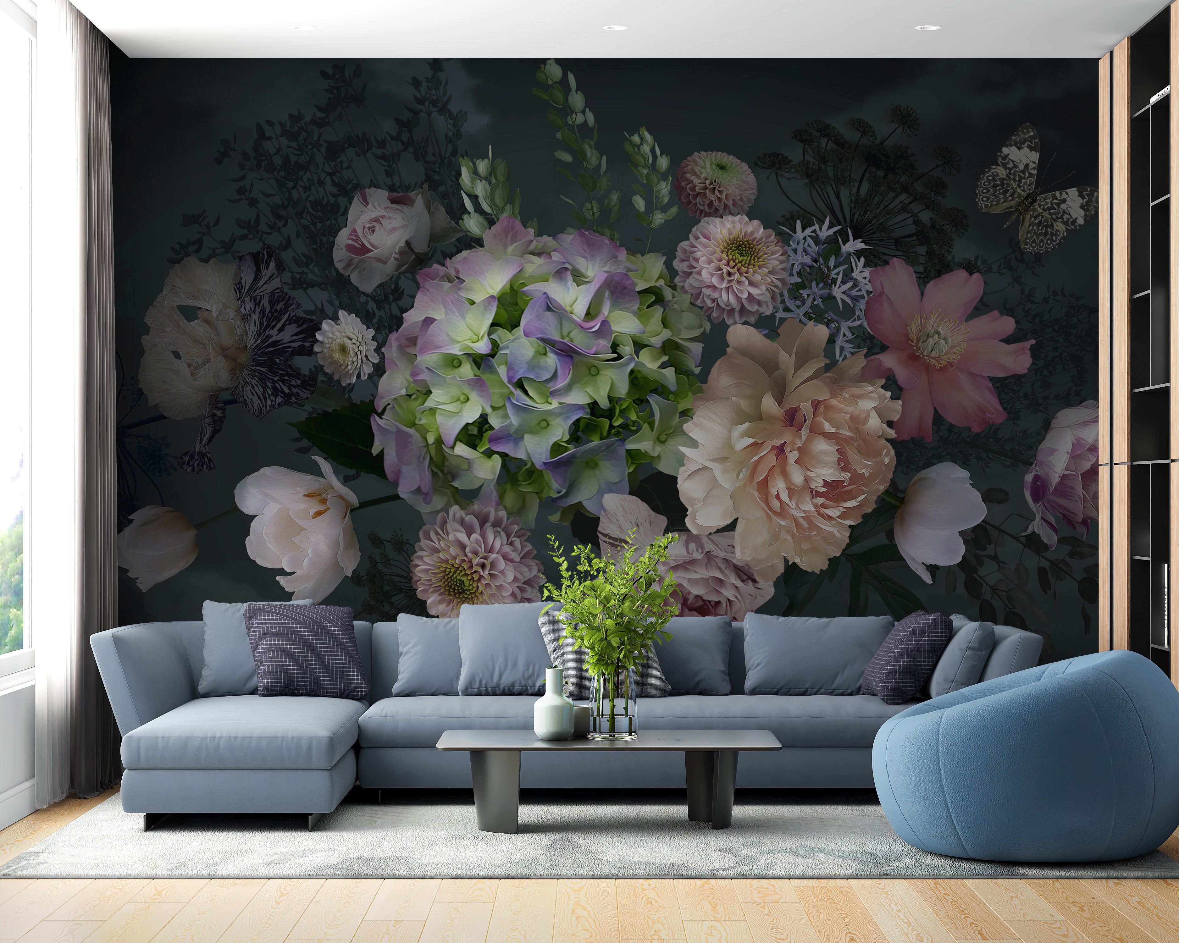 Floral mural featuring a peony garden at dusk for walls.
