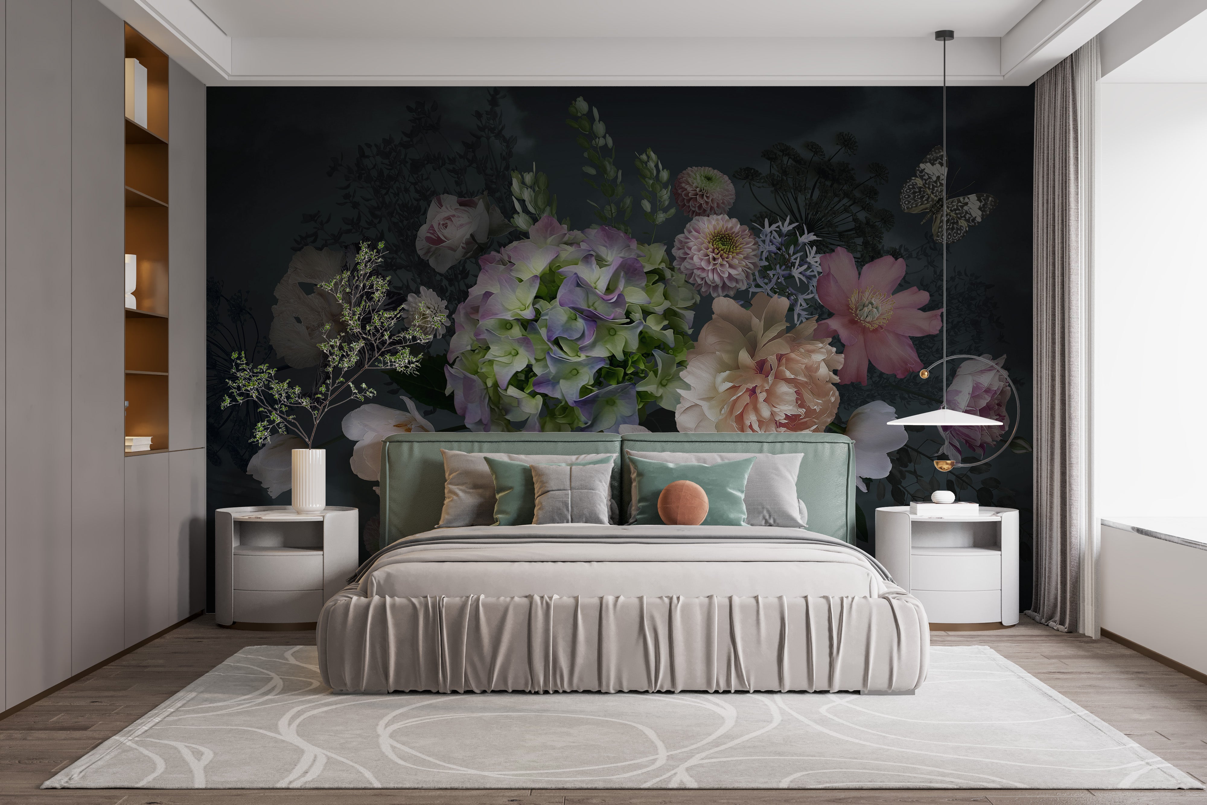 Dusk peony garden mural for graceful living room ambiance.
