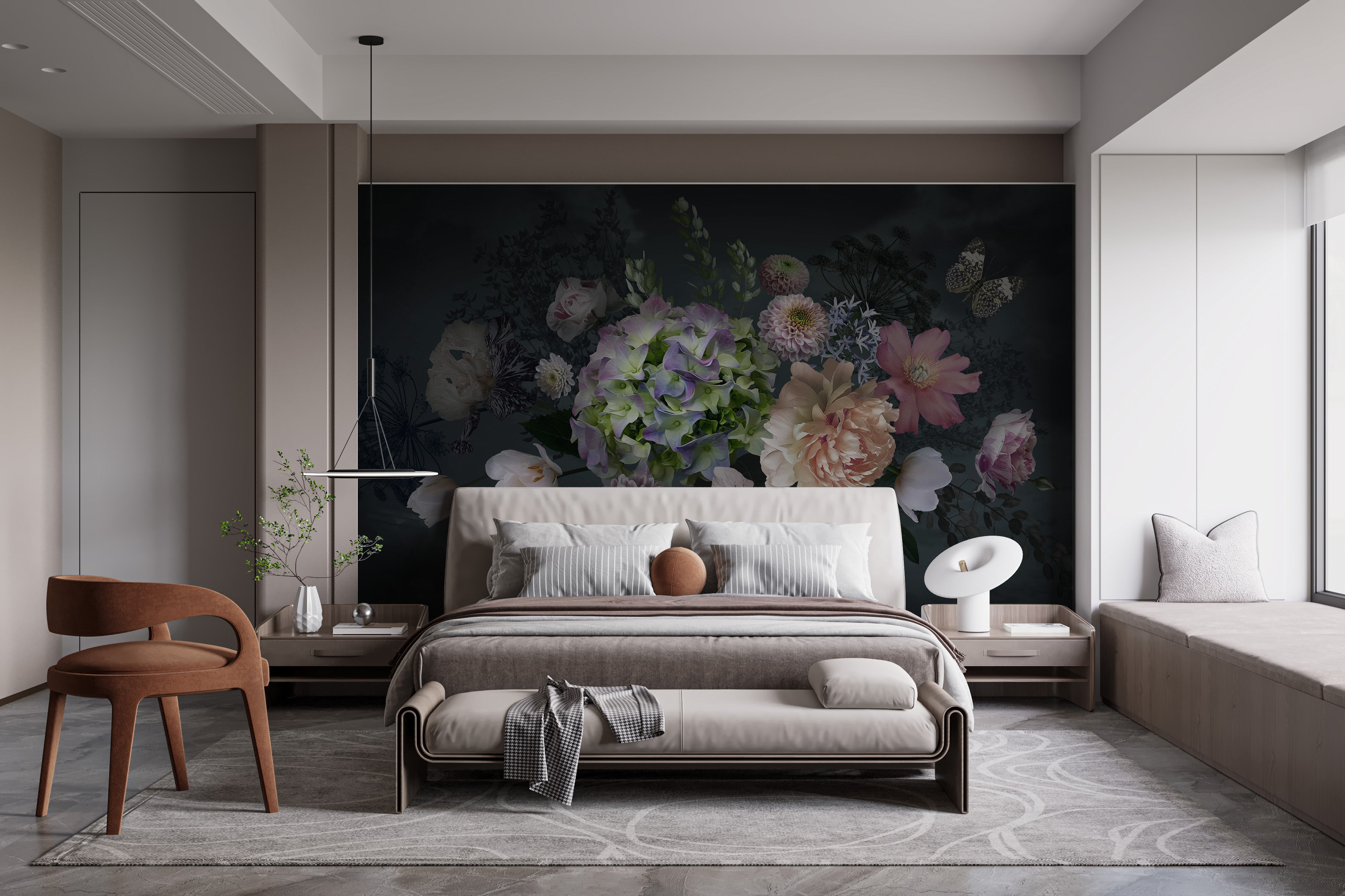 Sophisticated peony garden mural at dusk for interiors.
