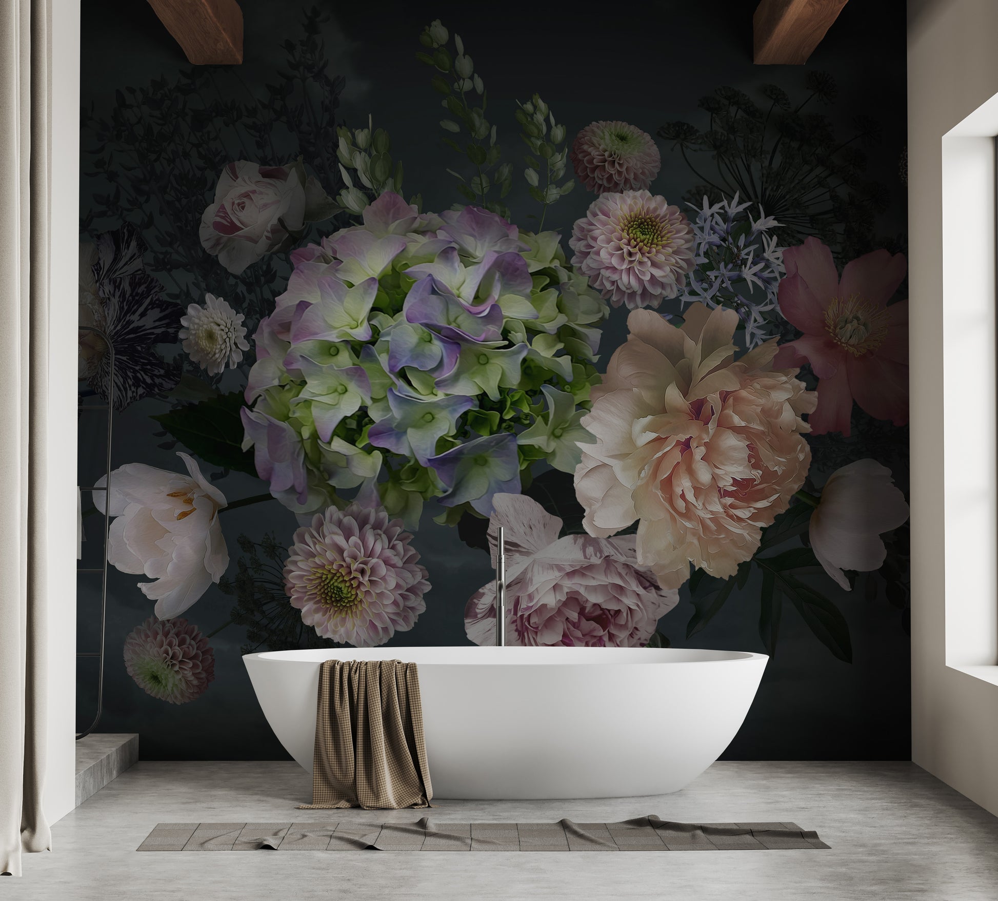 Living room mural with a peony garden scene at dusk.
