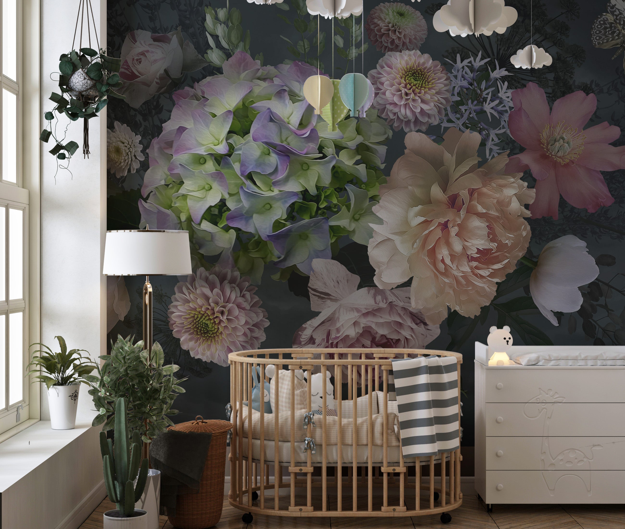 Elegant peony garden mural at dusk for serene living room decor.
