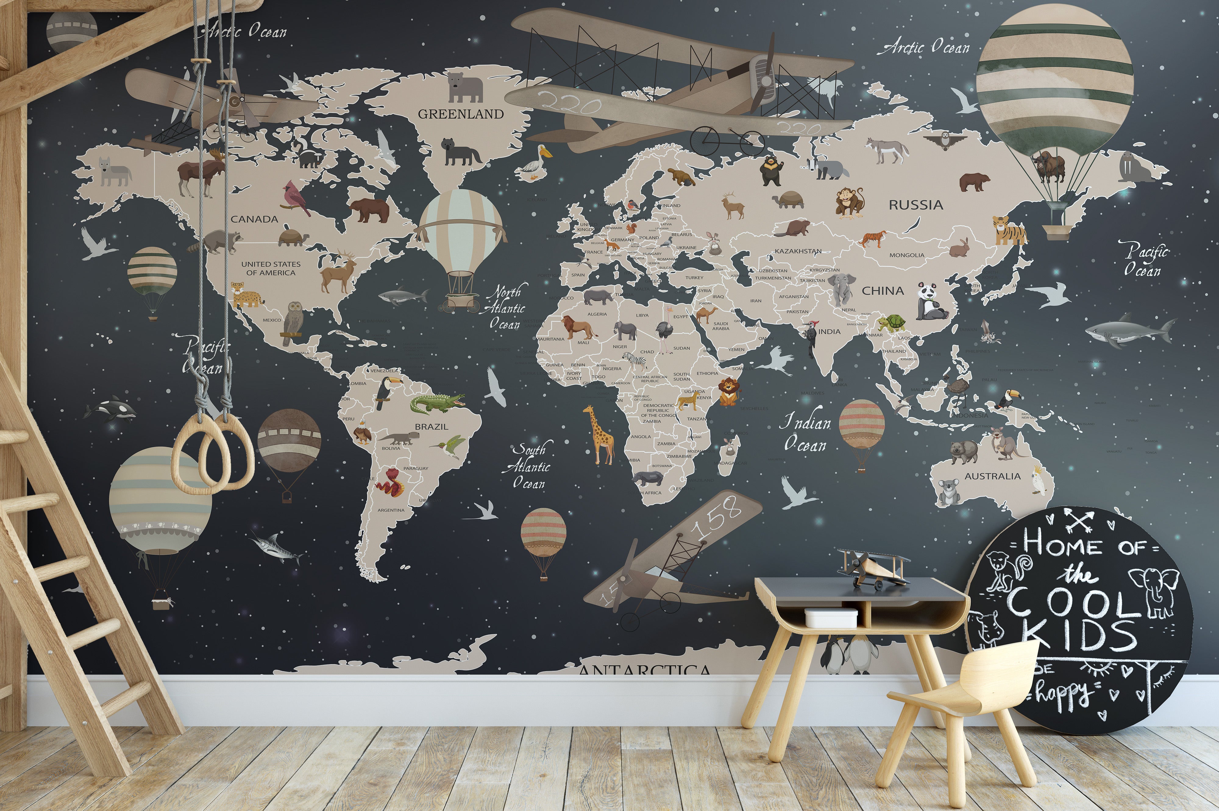 Interactive European animals mural with a world map for kids.