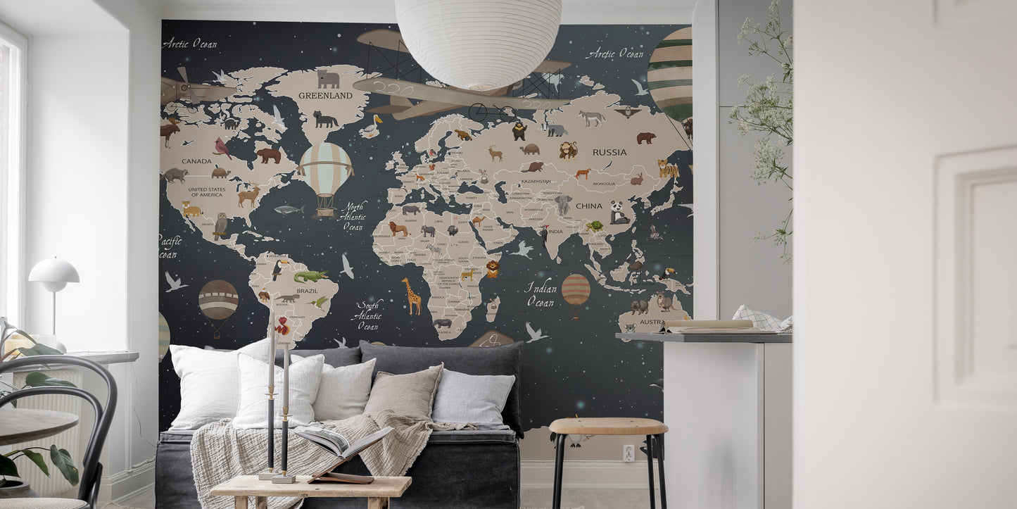 European animals-themed world map mural for kids' imaginations.
