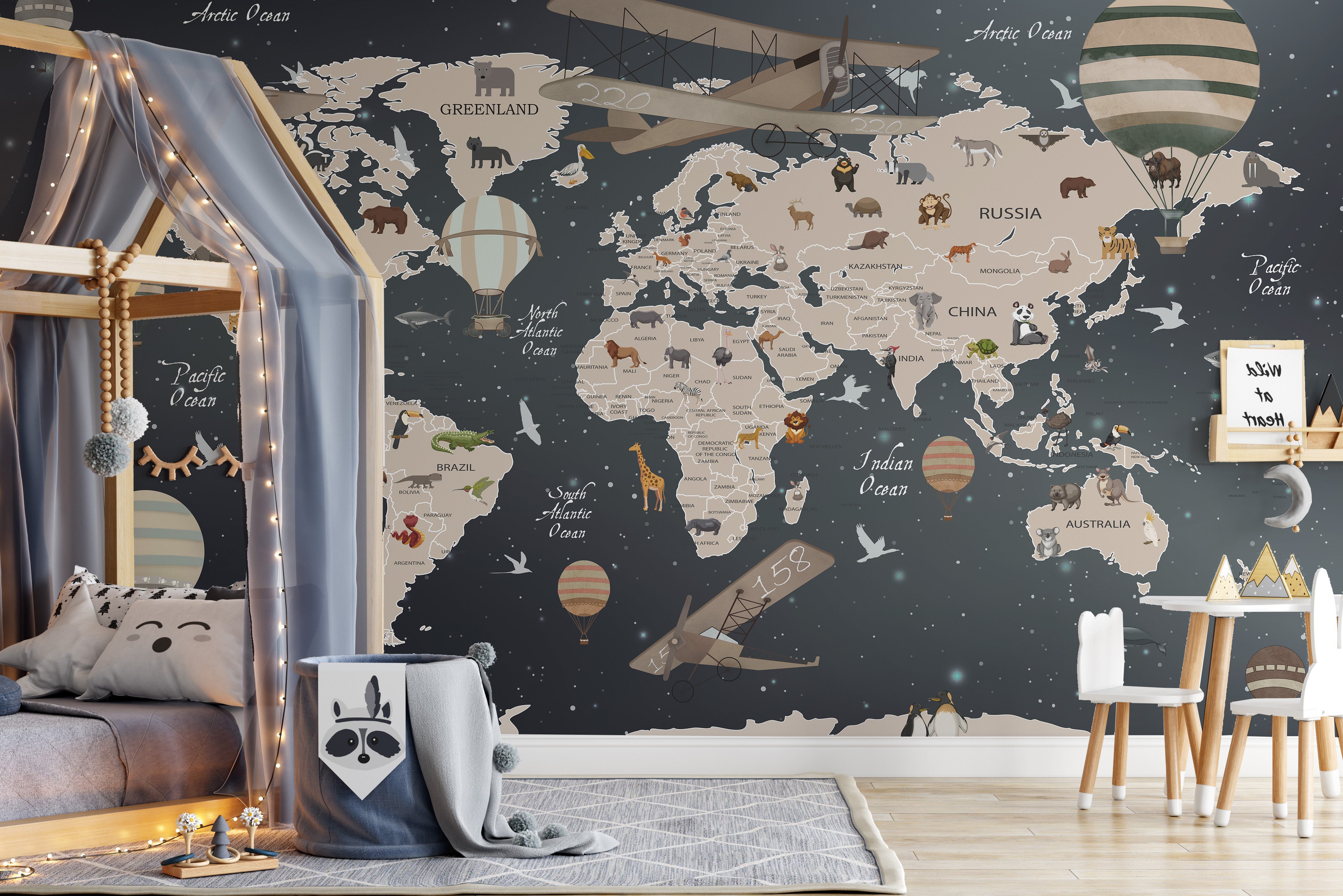 Educational mural with European animals and world map details.
