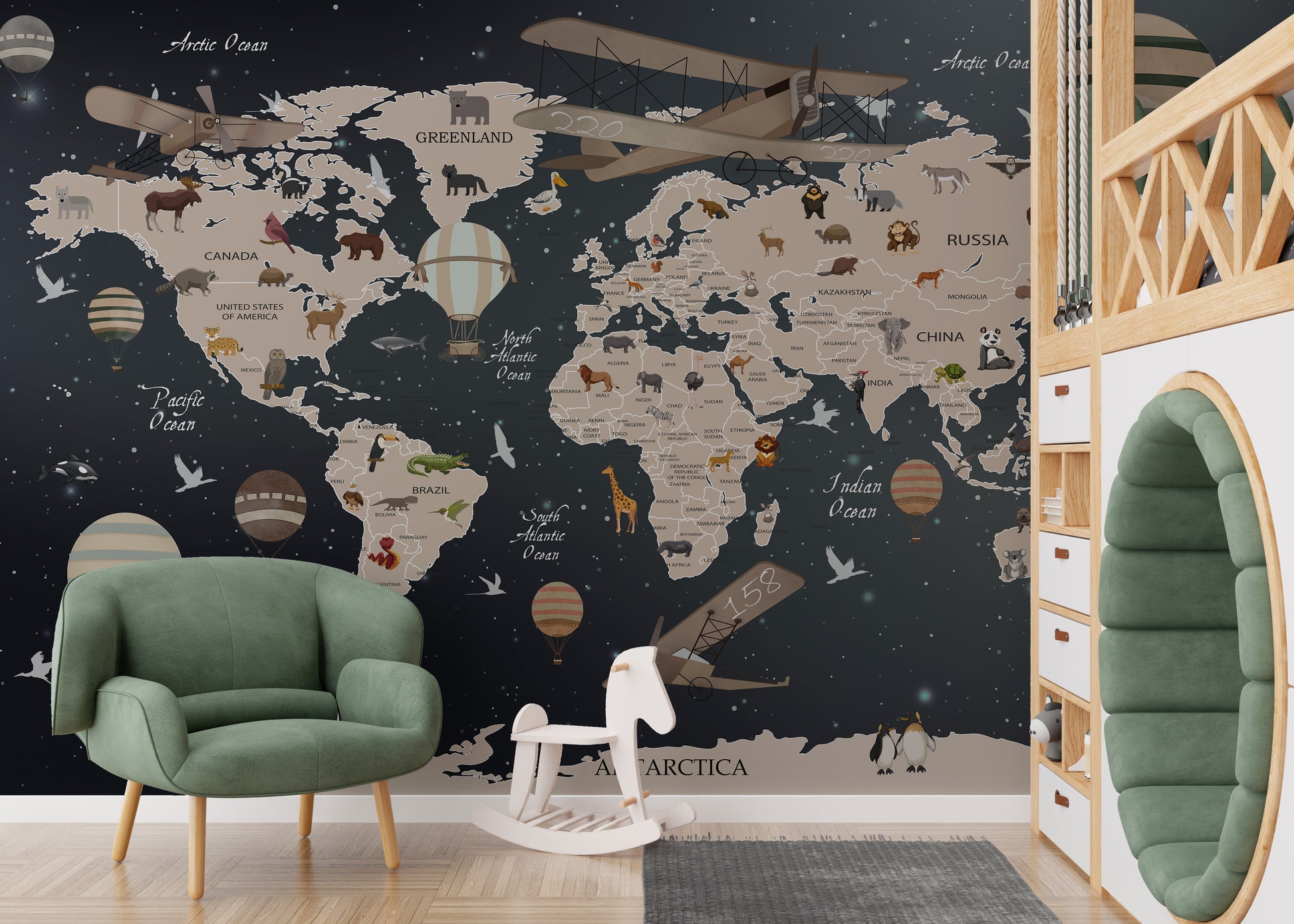 World map mural featuring European animals for kids' walls.
