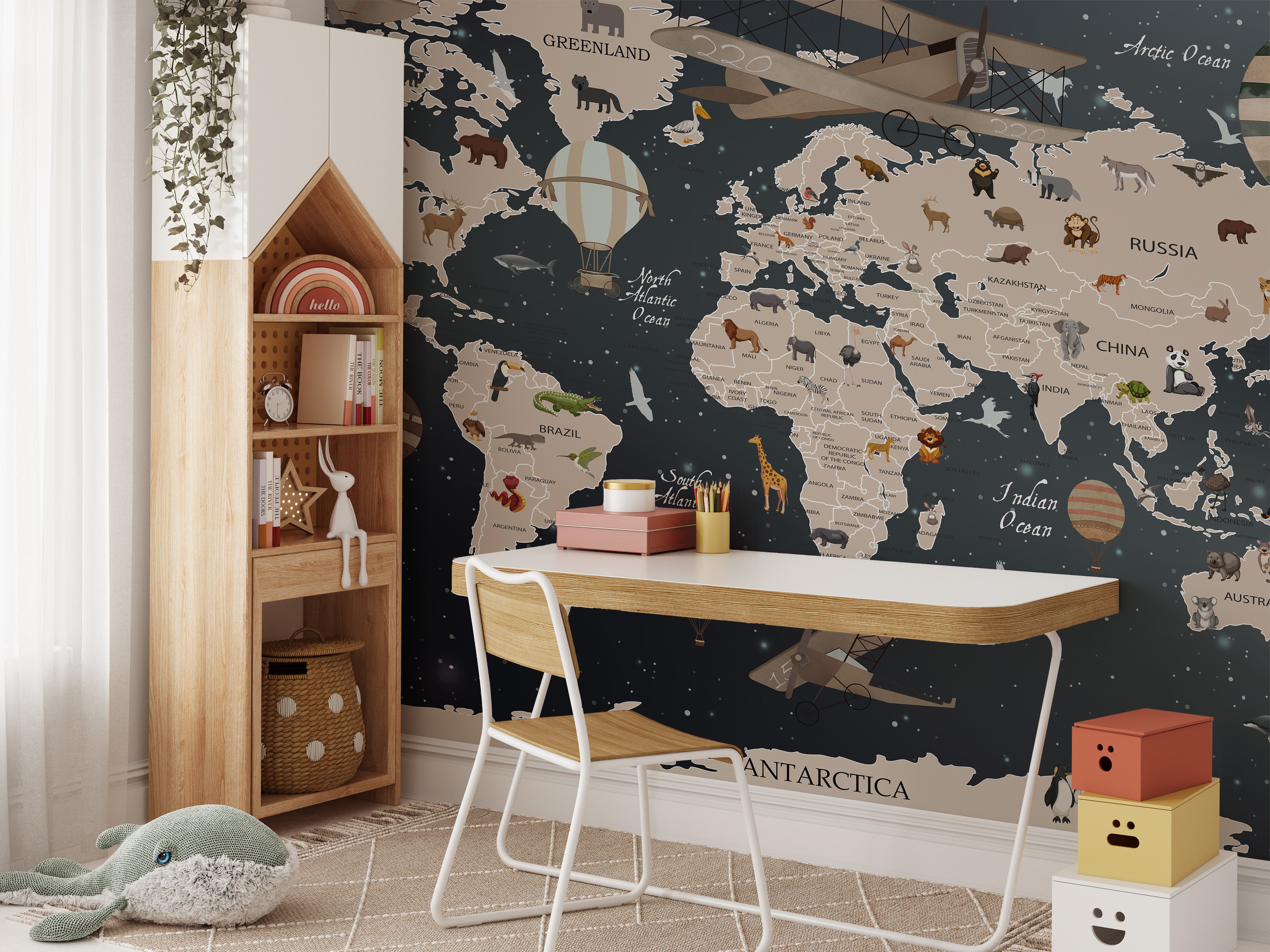 Kids' room mural with a European animals and map design.
