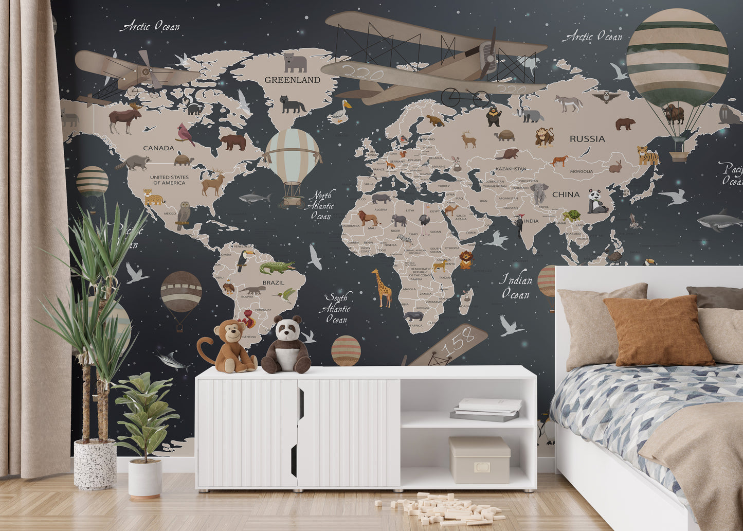 European animals mural with world map for kids' learning spaces.
