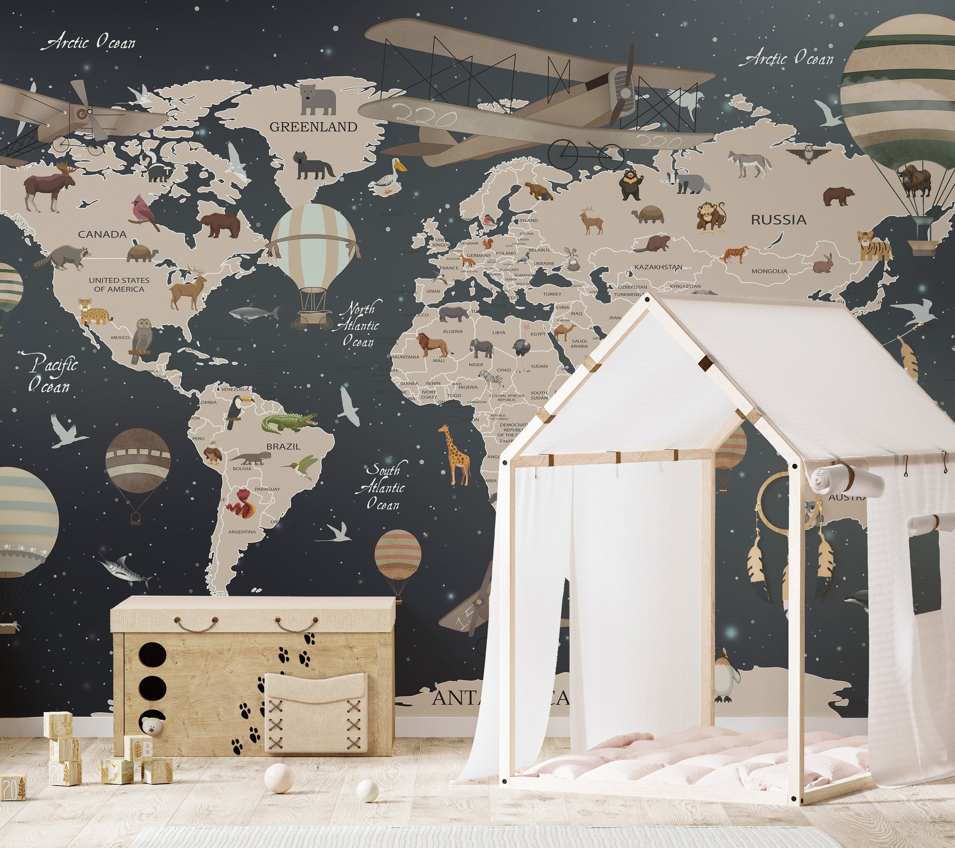 World map mural with European wildlife for playful kids' decor.
