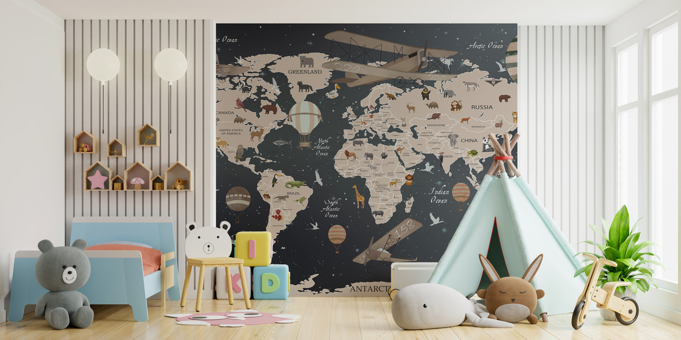 Fun world map mural with European animals for kids' rooms.
