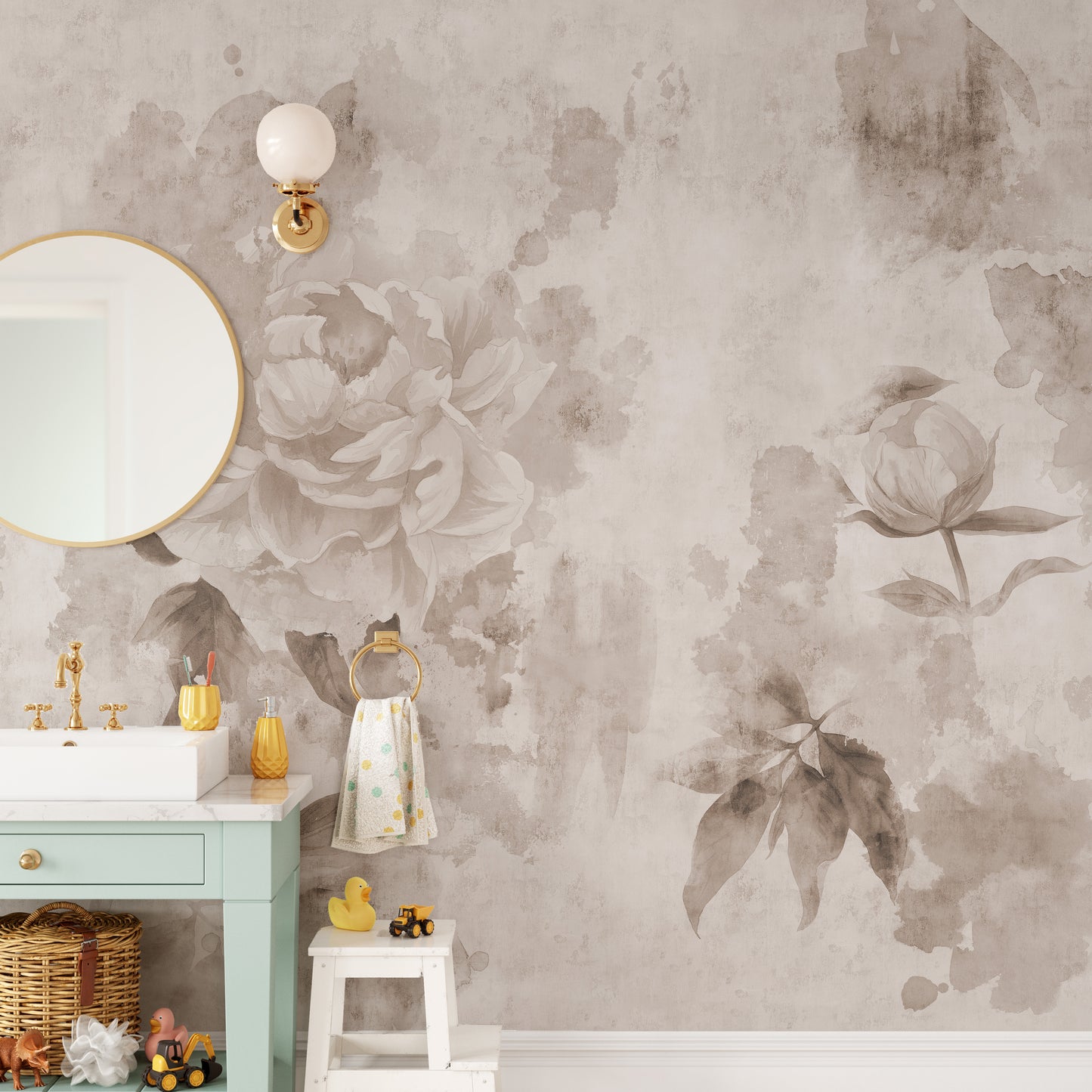 Antique floral wallpaper mural for elegant home interiors.
