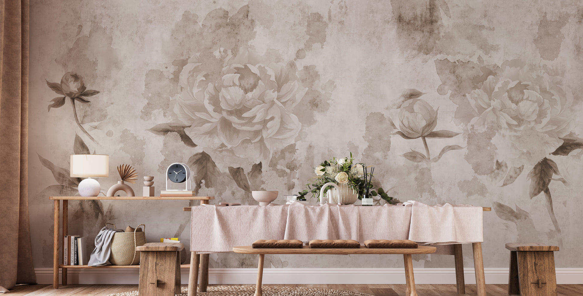 Sophisticated mural with antique floral charm for walls.
