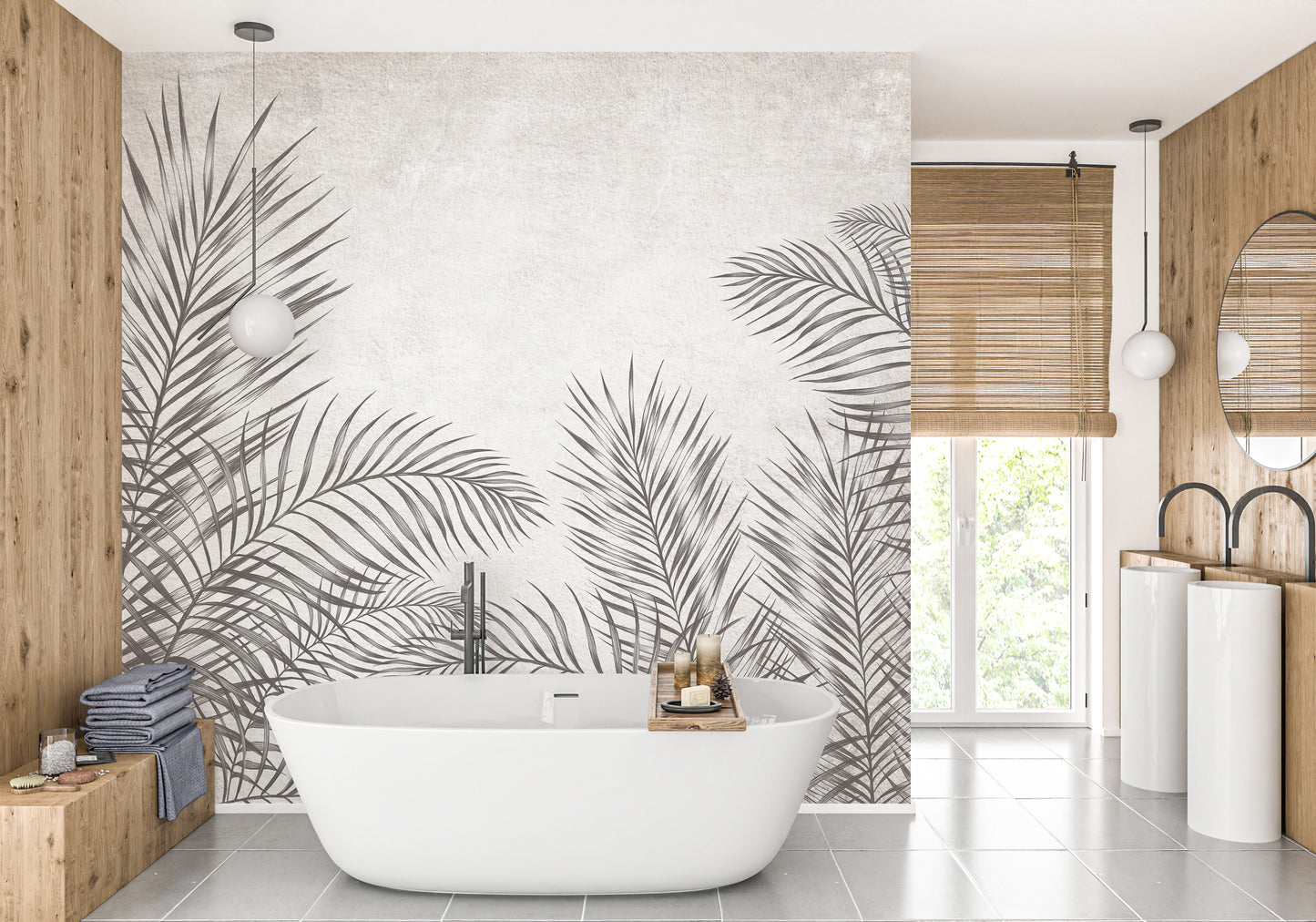 Contemporary black and white palm leaves mural for interiors.