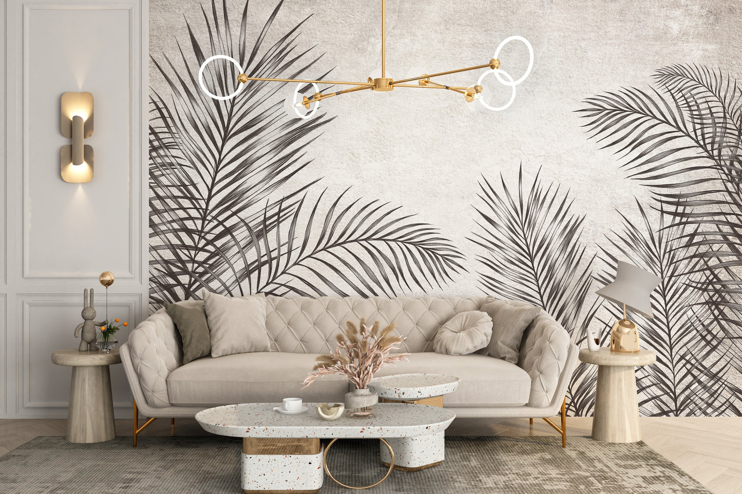 Minimalist black and white palm leaf mural for stylish spaces.
