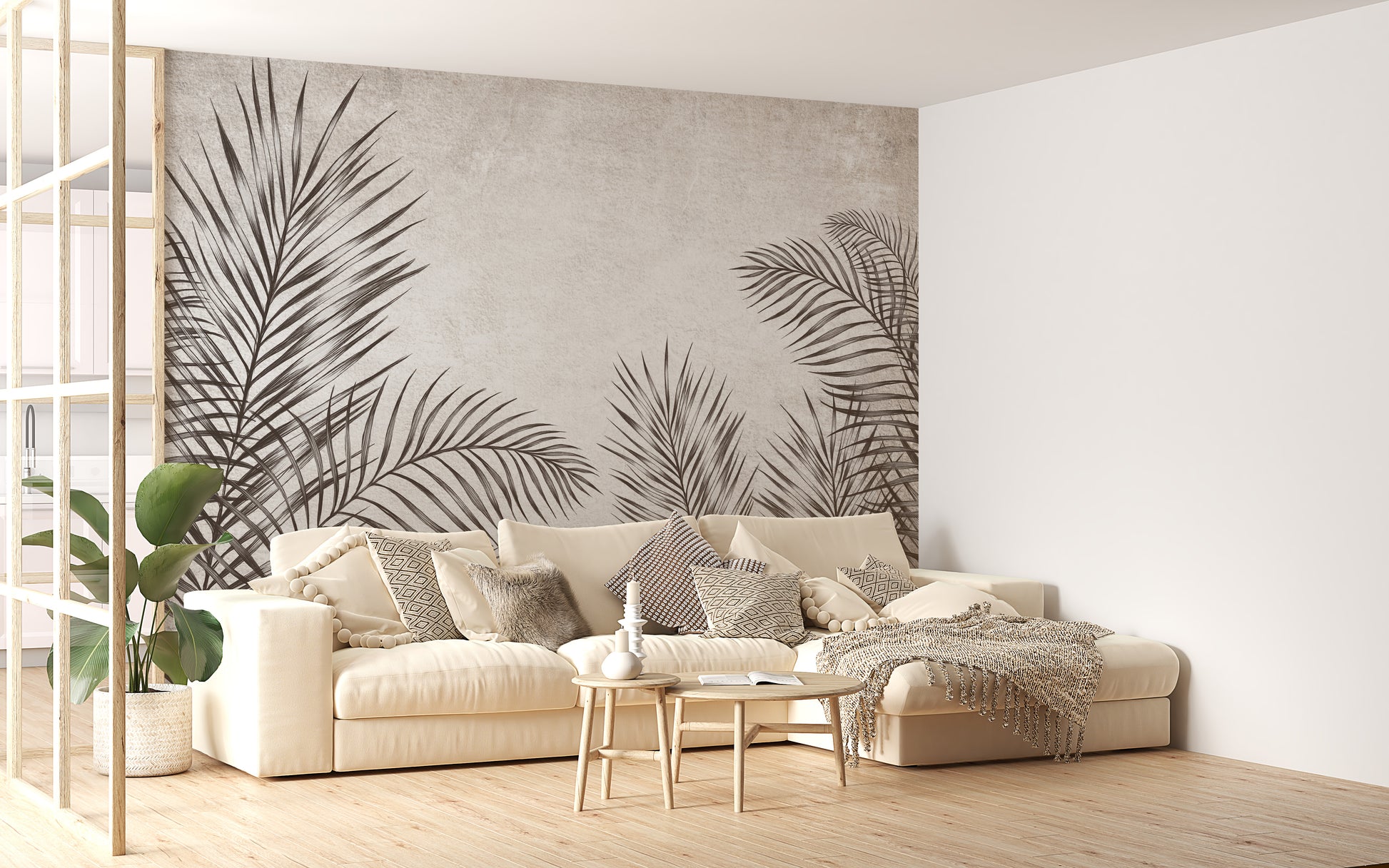 Elegant black and white palm leaves mural for modern interiors.
