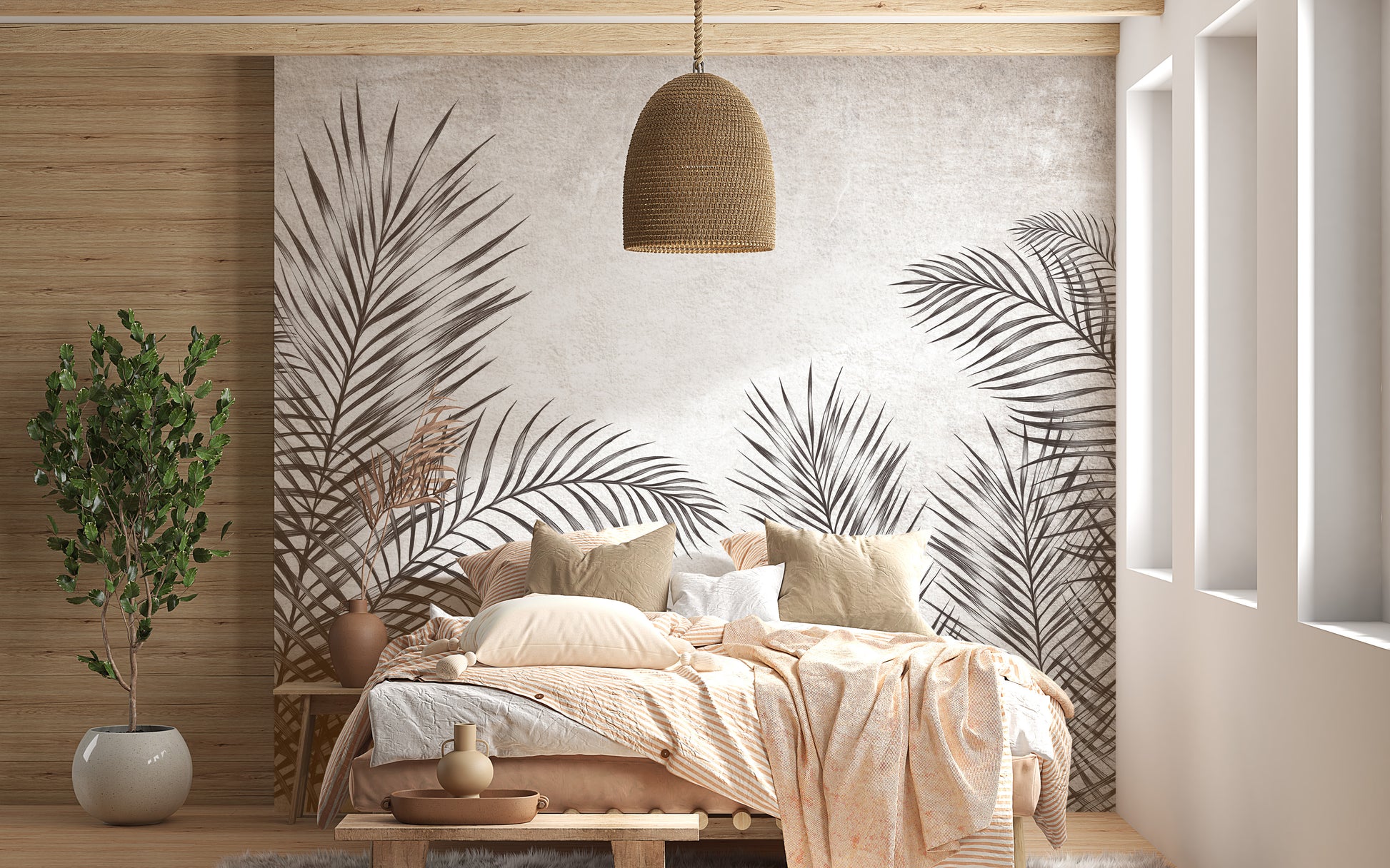 Black and white palm leaves wallpaper for a bold interior look.
