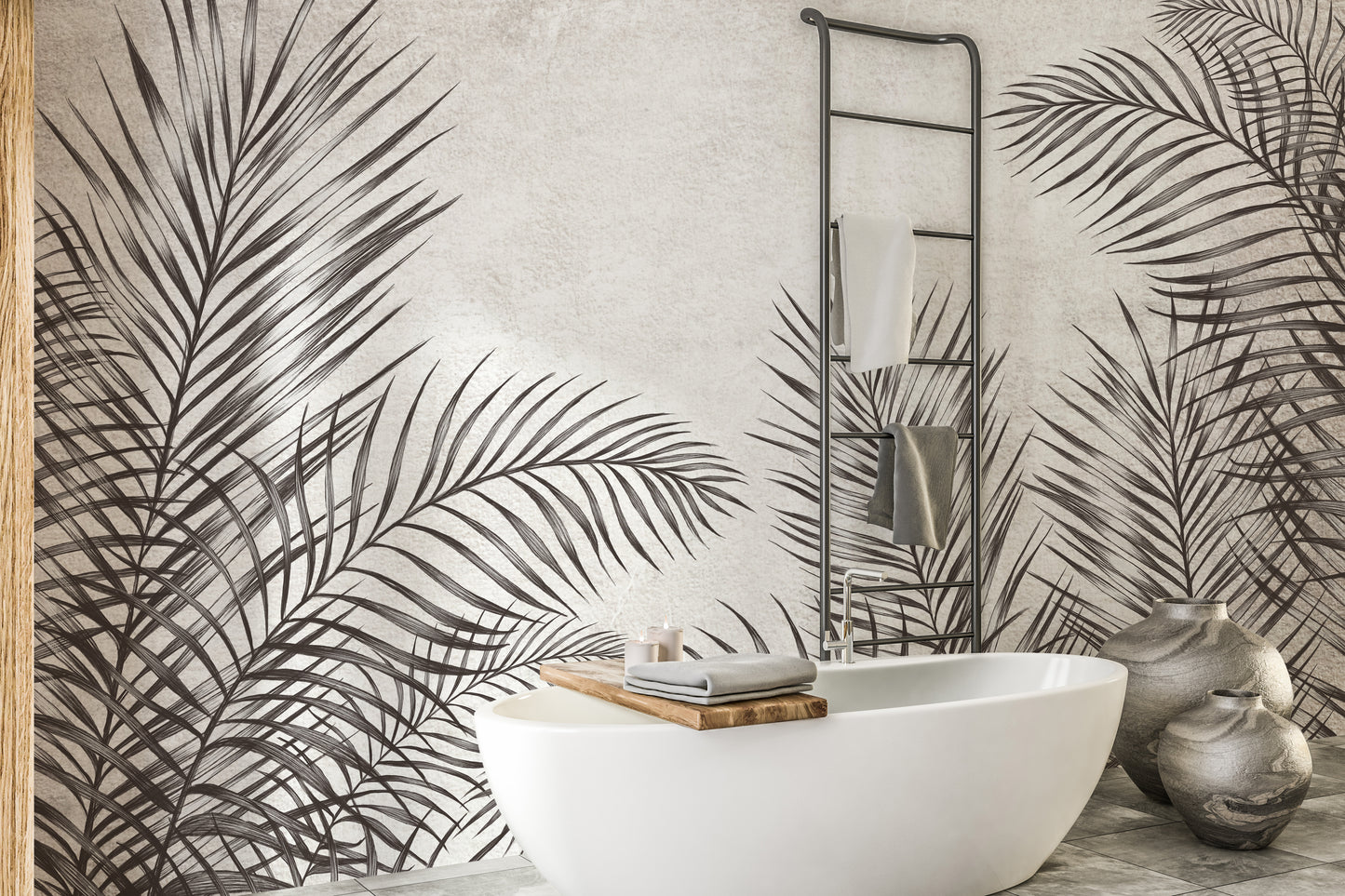 Palm leaves mural in monochrome for sophisticated wall decor.
