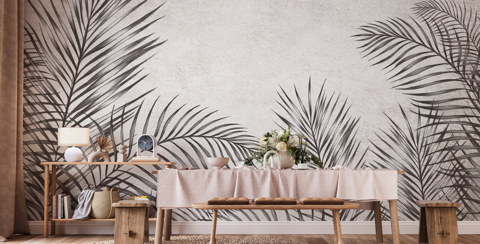 Modern black and white palm leaves mural for elegant interiors.
