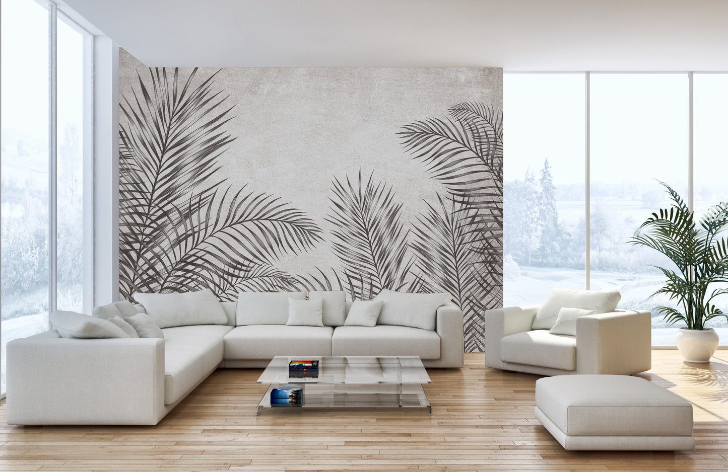 Black and white palm leaves wallpaper mural for sleek walls.
