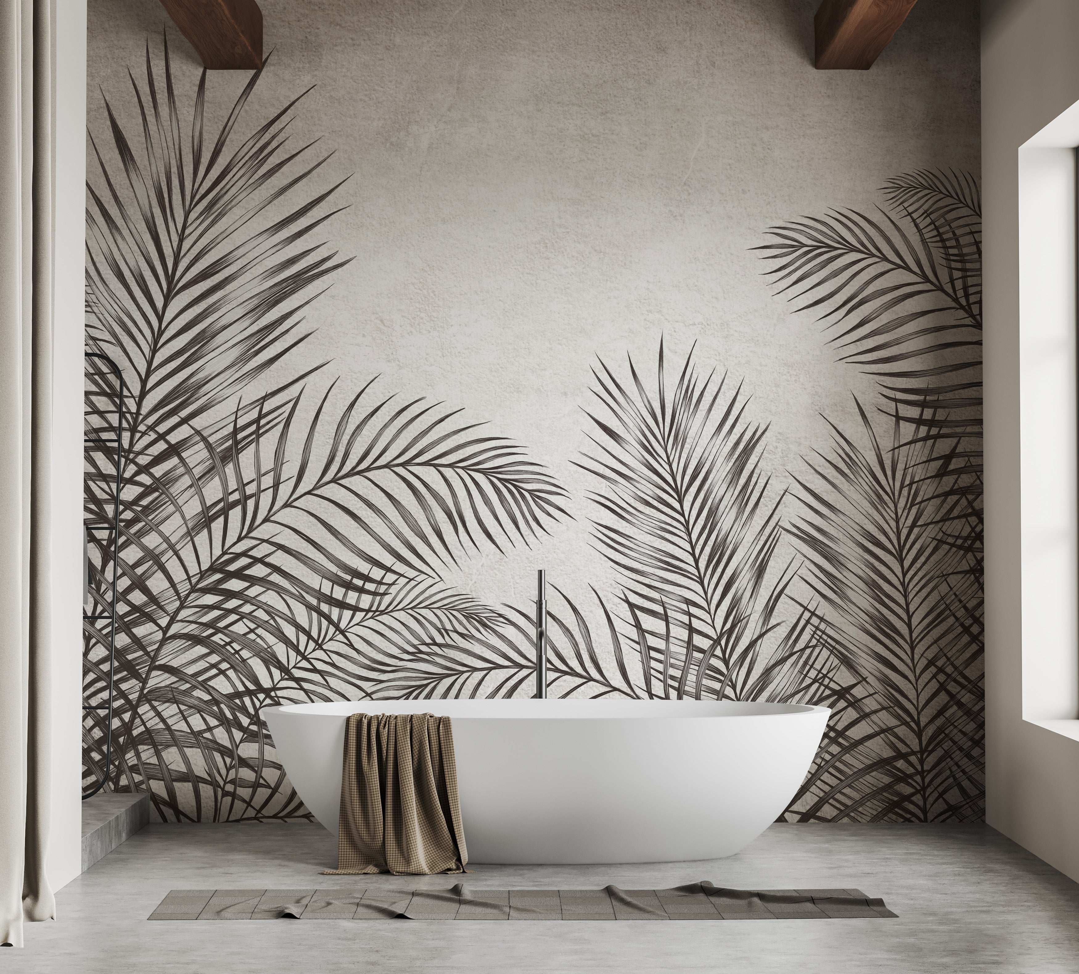 Stylish palm leaf mural in black and white for contemporary spaces.
