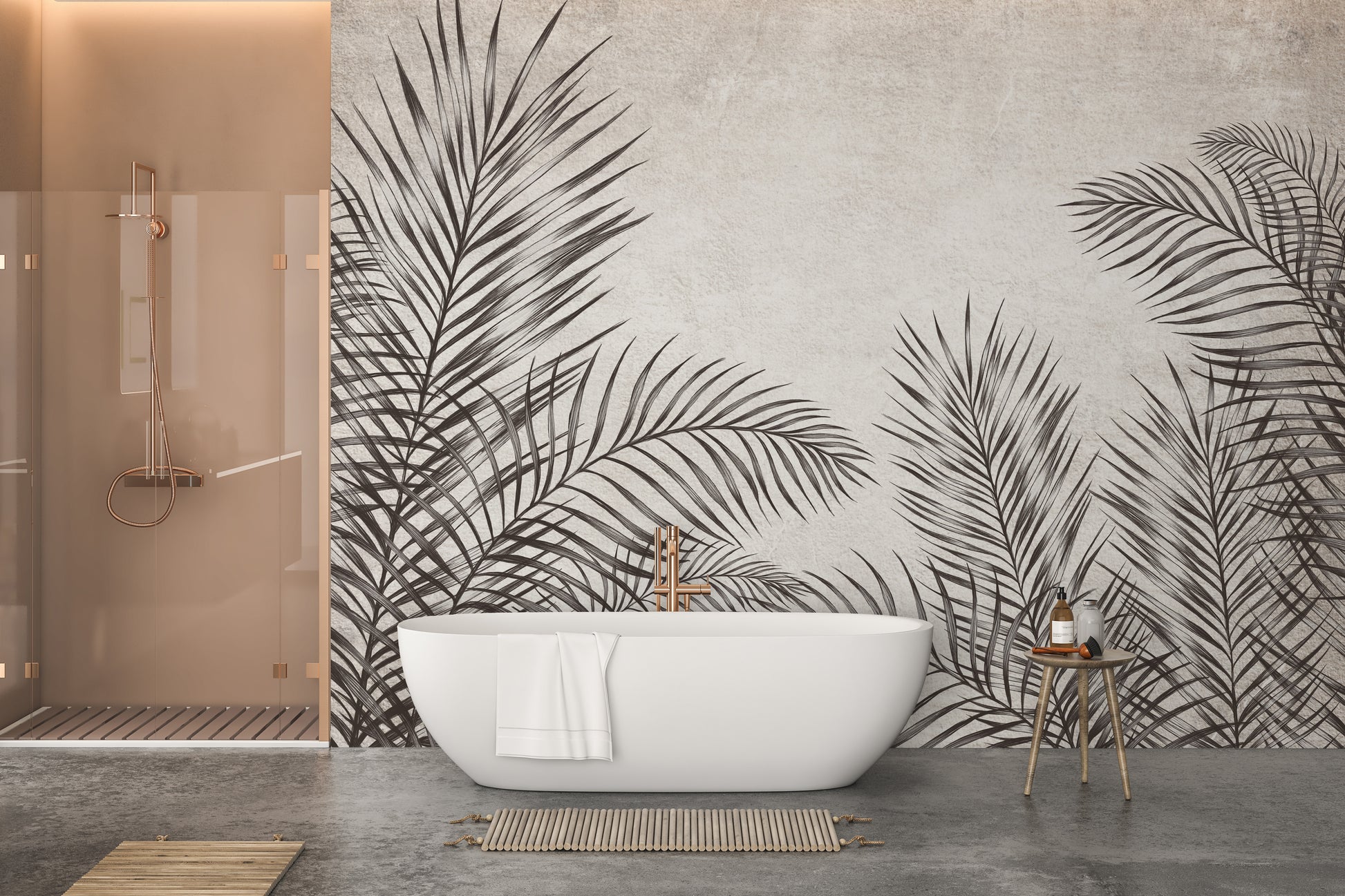 Black and white palm leaves mural for minimalist interiors.
