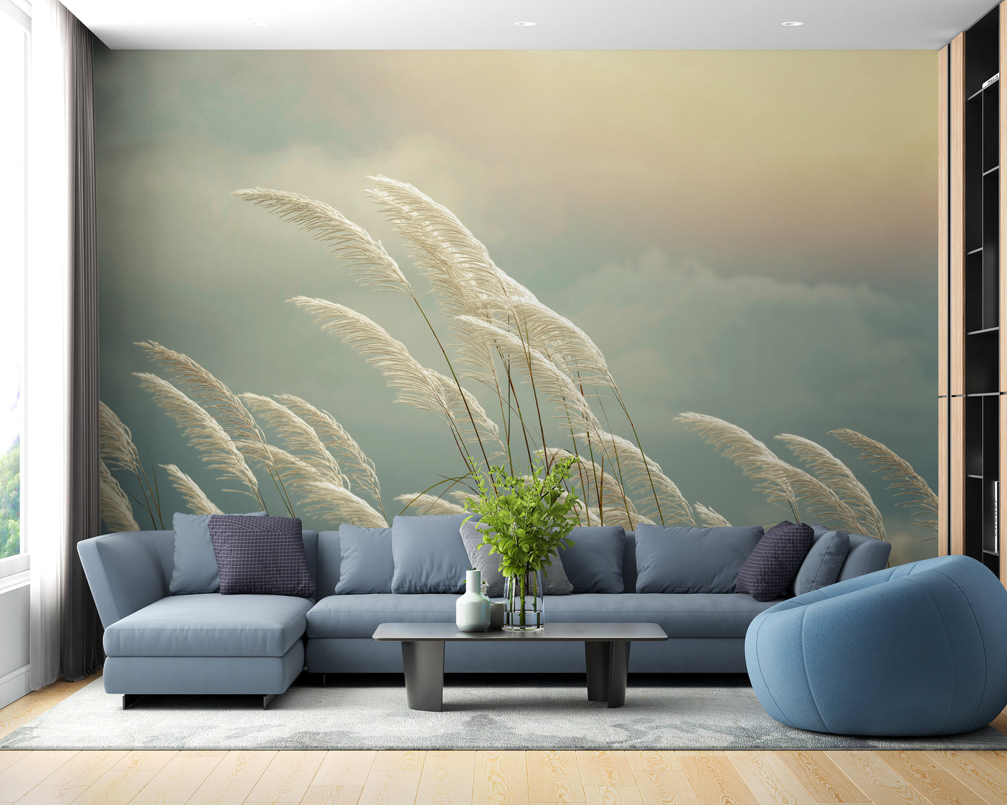 Vibrant spring mural with yellow grass reeds for fresh interiors.
