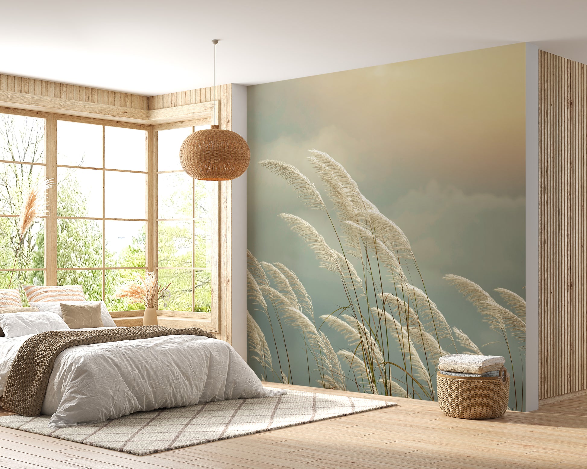 Yellow grass reeds springtime mural for serene wall decor.
