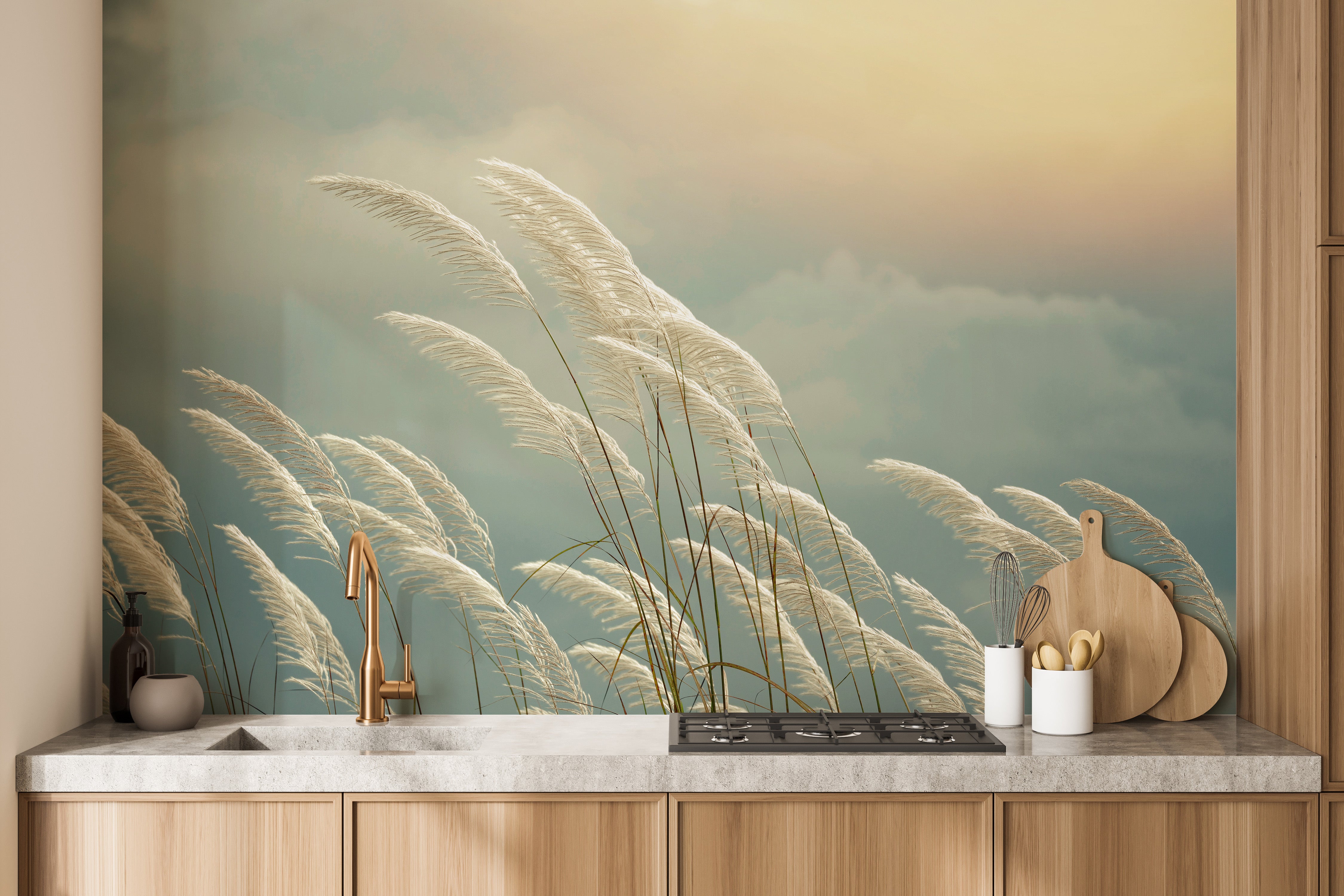 Nature-themed mural with yellow grass reeds for bright spaces.
