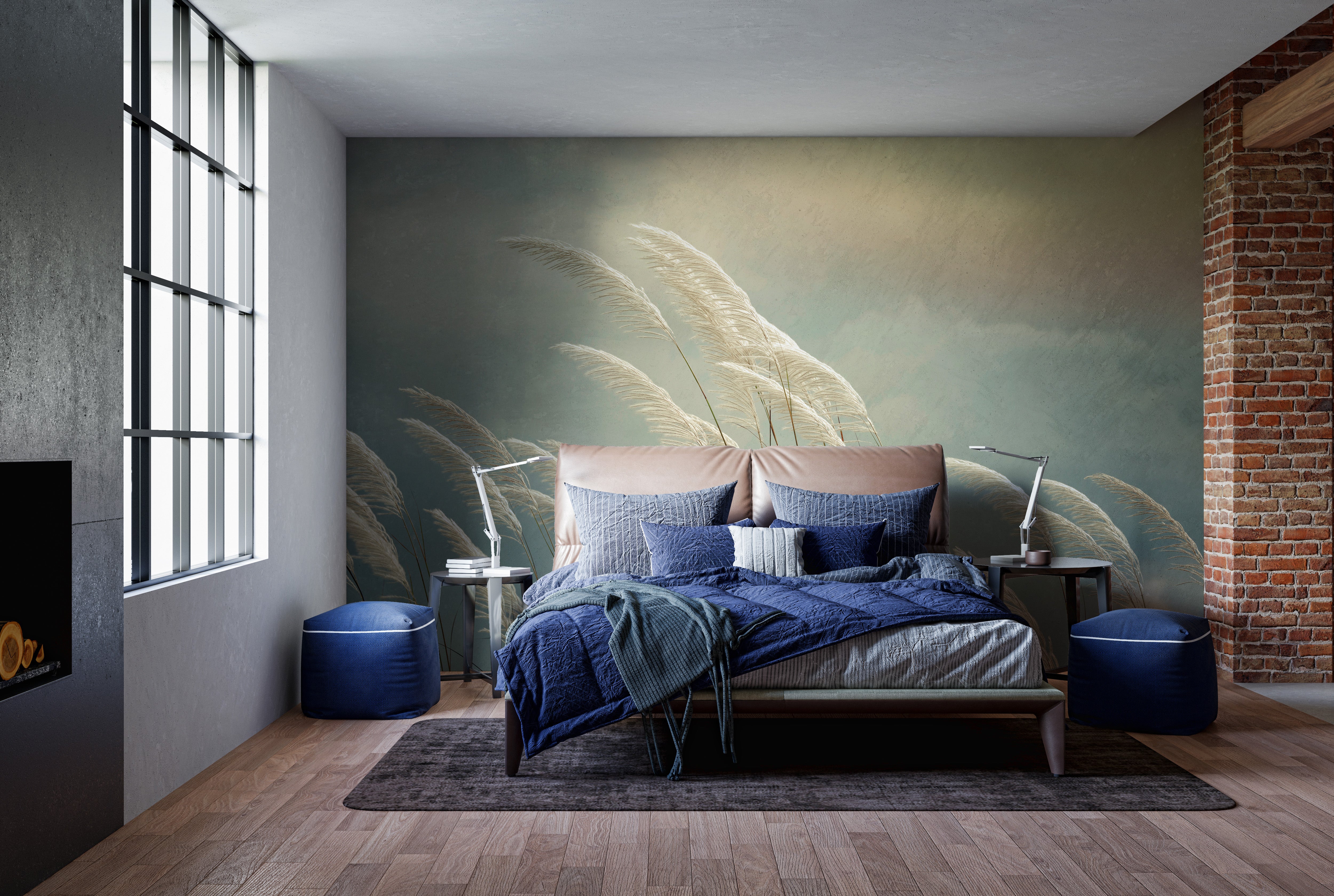 Elegant spring mural with yellow grass reeds for soft decor.
