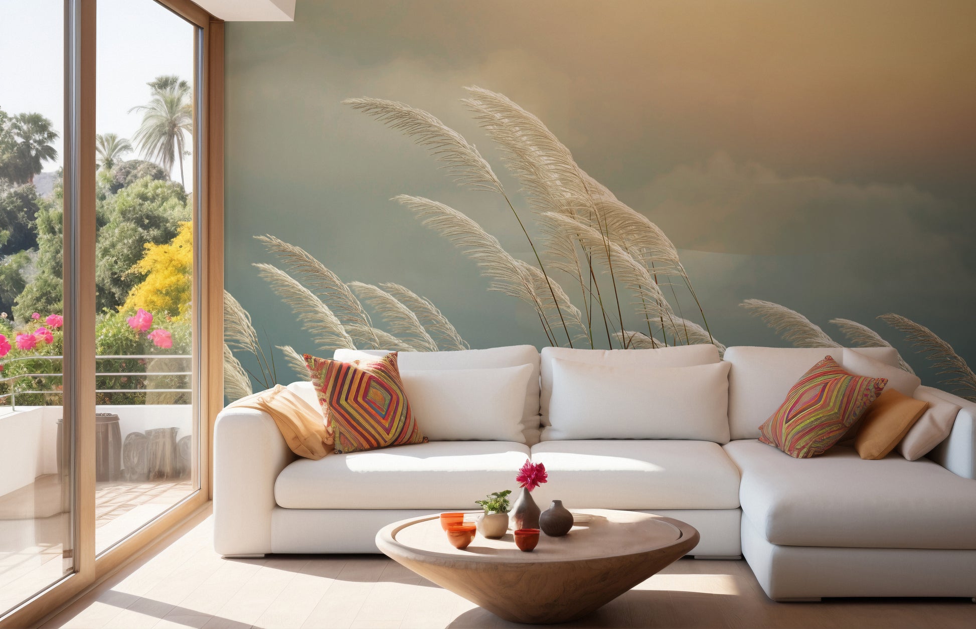 Yellow grass reeds mural for natural and calming interiors.
