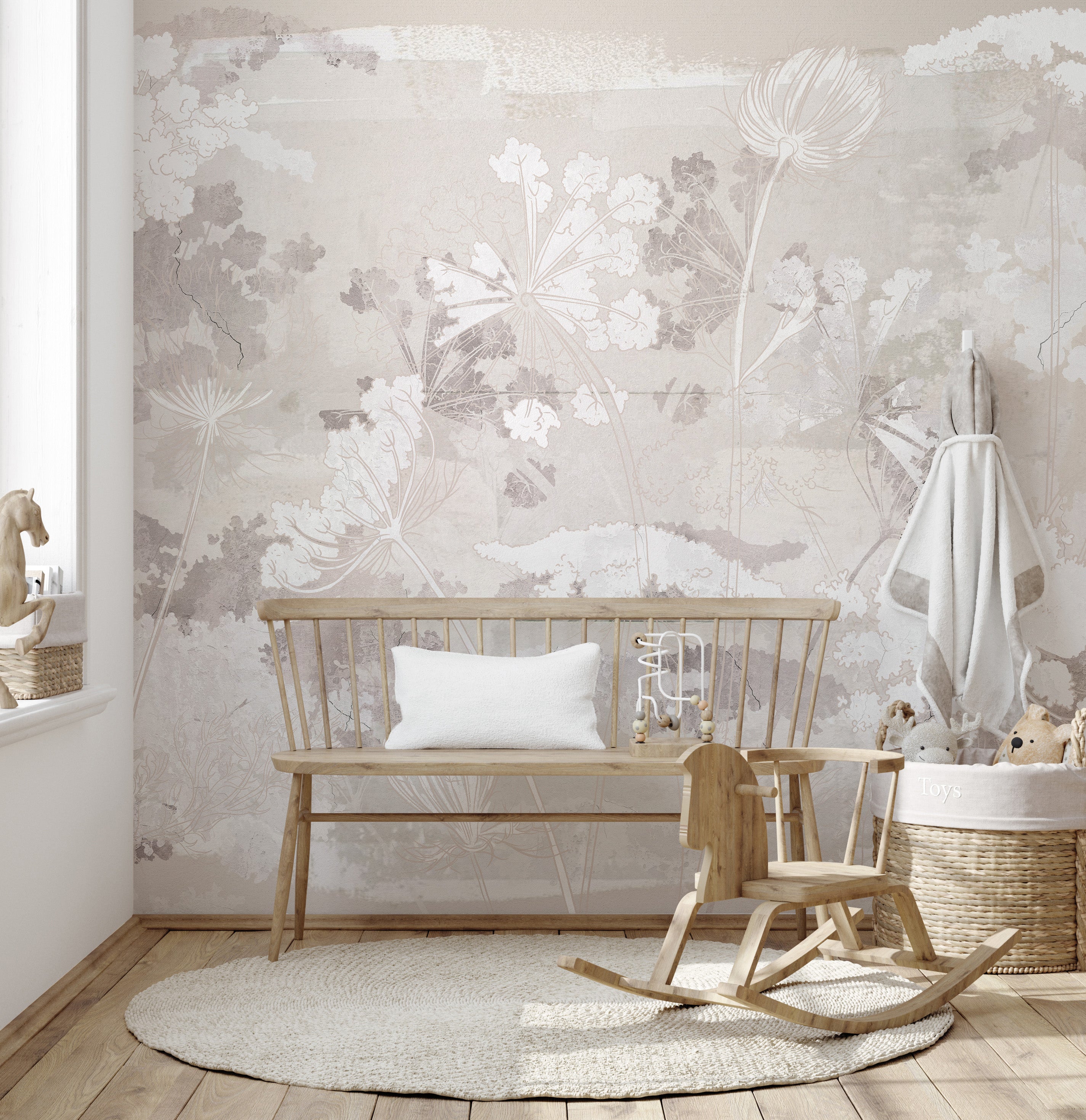 Grunge garden mural featuring faded floral patterns for walls.
