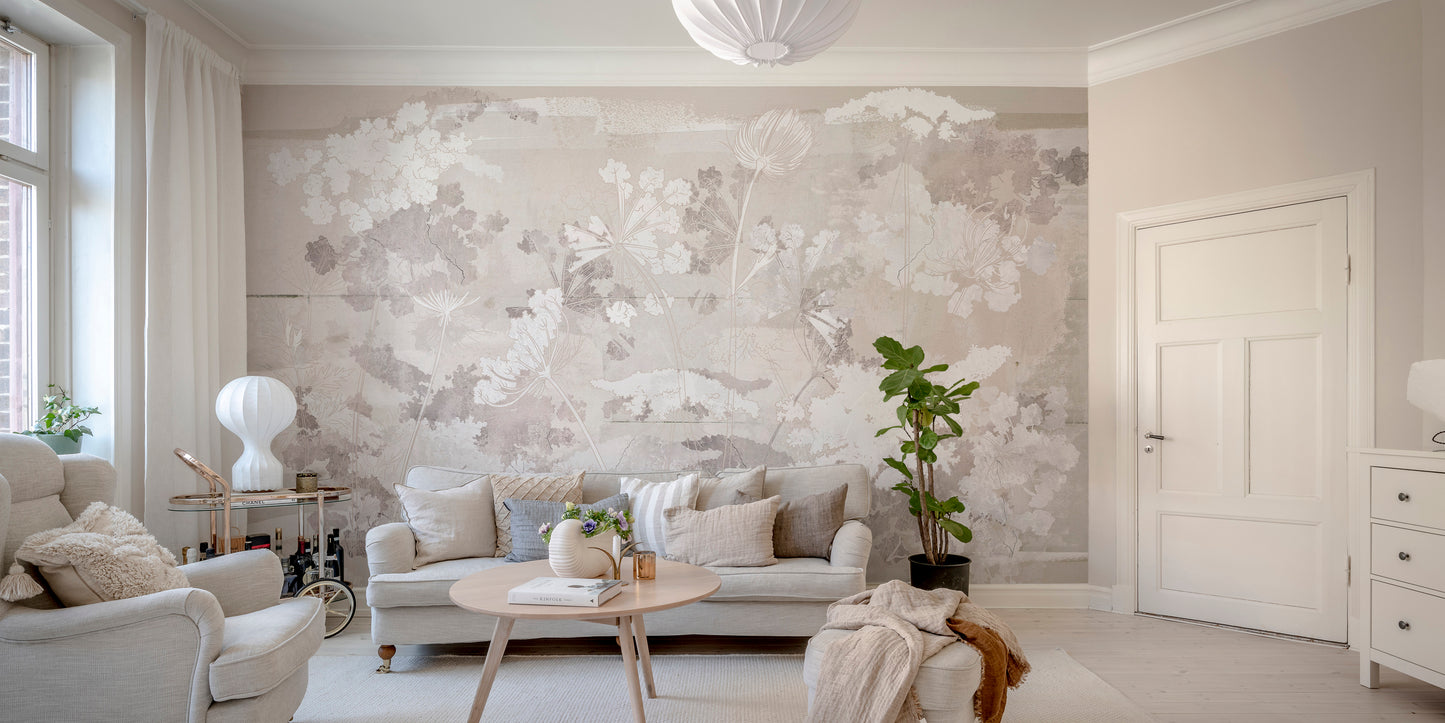 Rustic garden wallpaper mural with grunge artistic accents.
