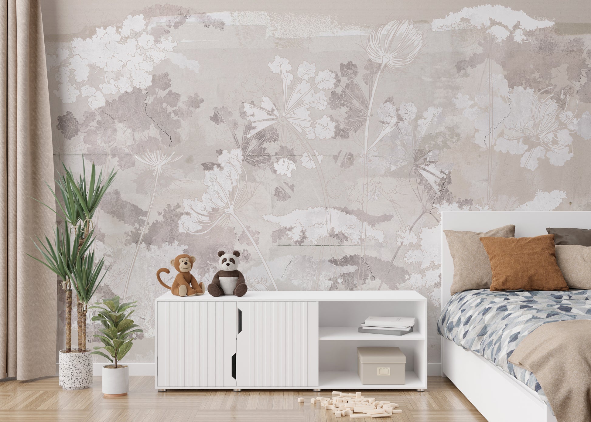 Vintage-inspired grunge garden mural for eclectic interiors.
